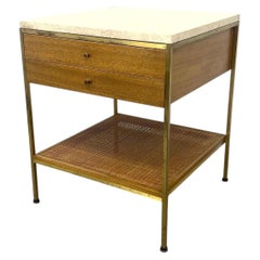 Mid Century Paul McCobb Calvin 2 drawer Nightstand Brass frame Travertine top