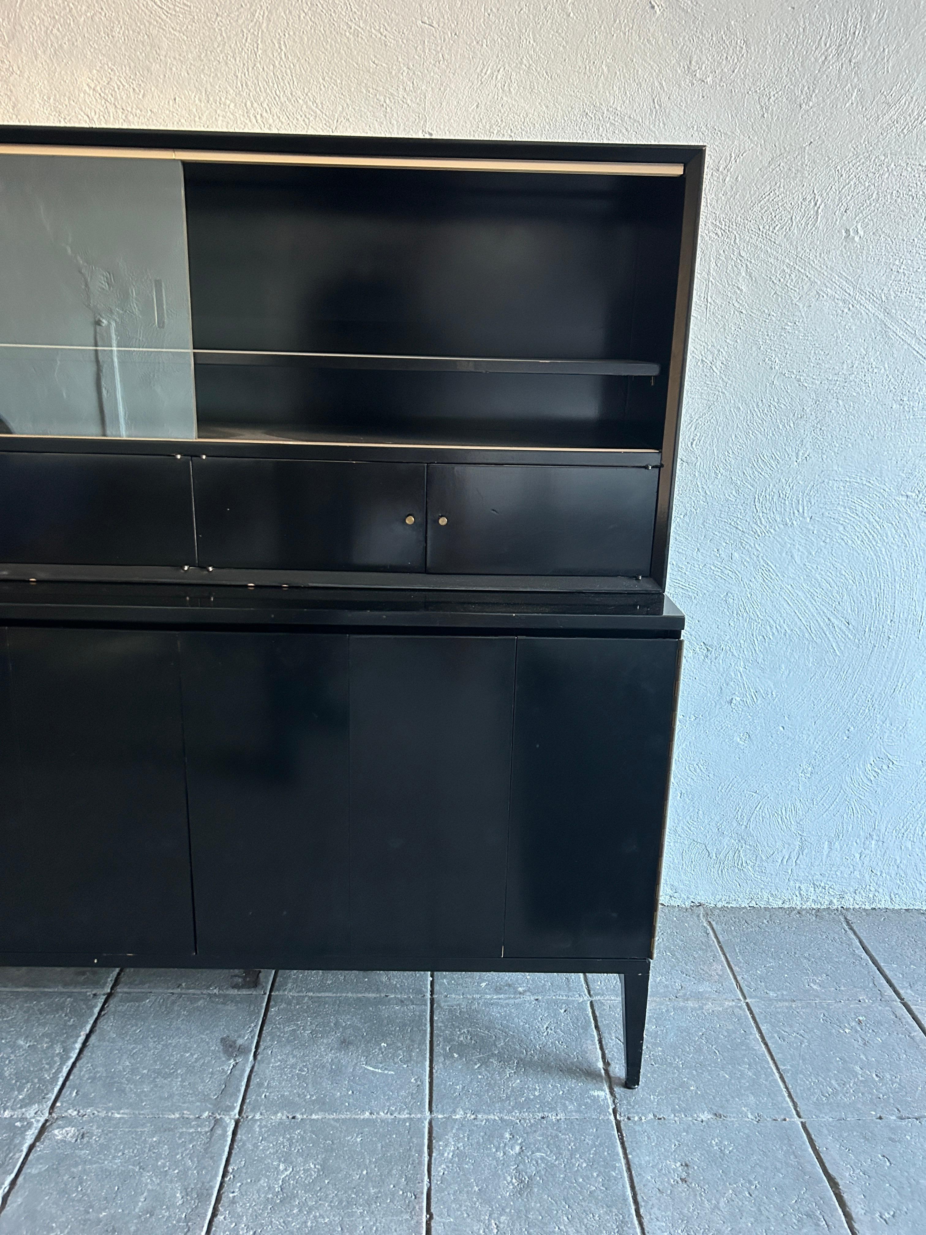 Mid-Century Modern Mid century Paul McCobb Calvin Credenza Brass Black Lacquer with top unit For Sale