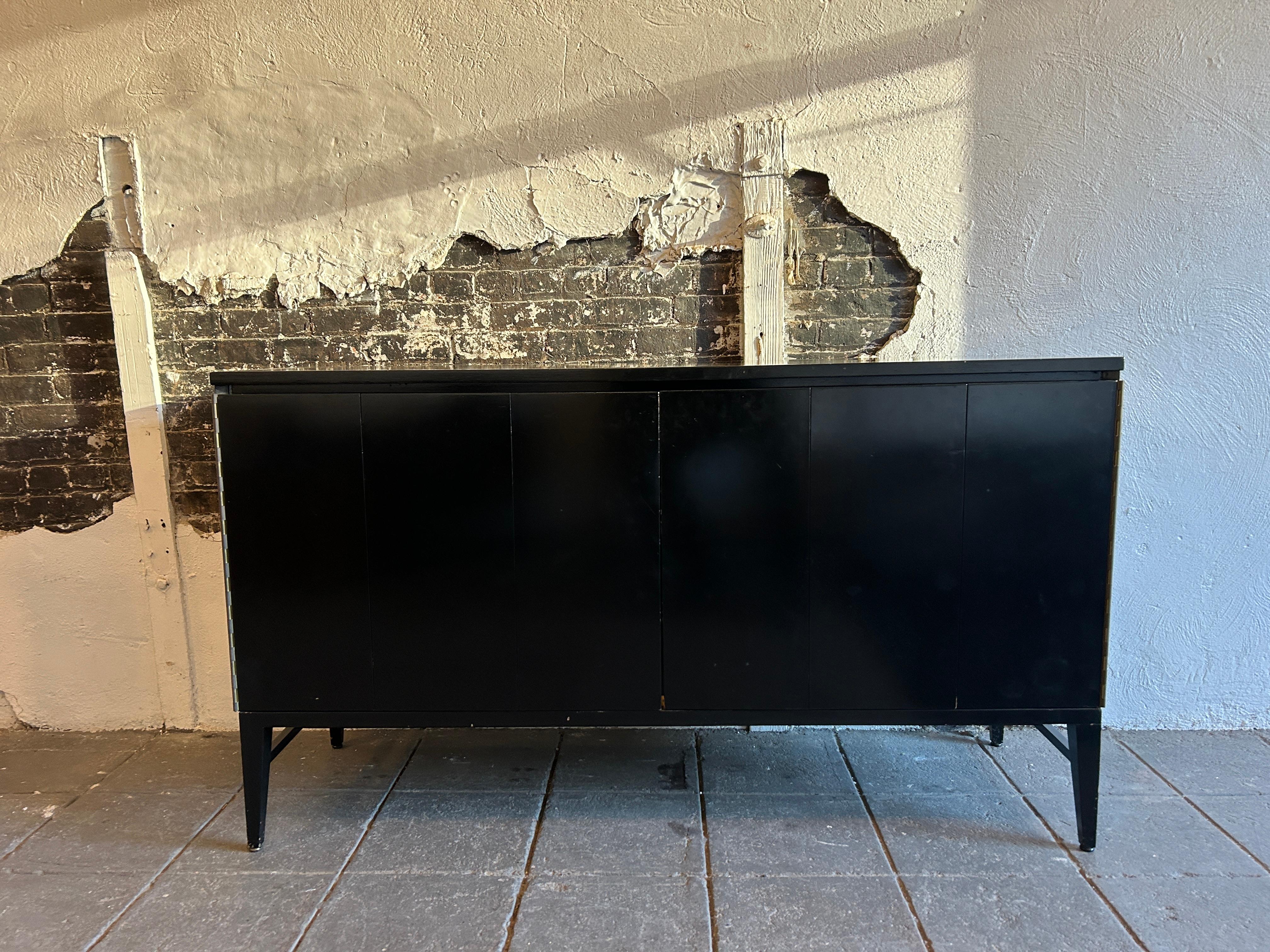 Mid century Paul McCobb Calvin Credenza Brass Black Lacquer with top unit In Good Condition For Sale In BROOKLYN, NY