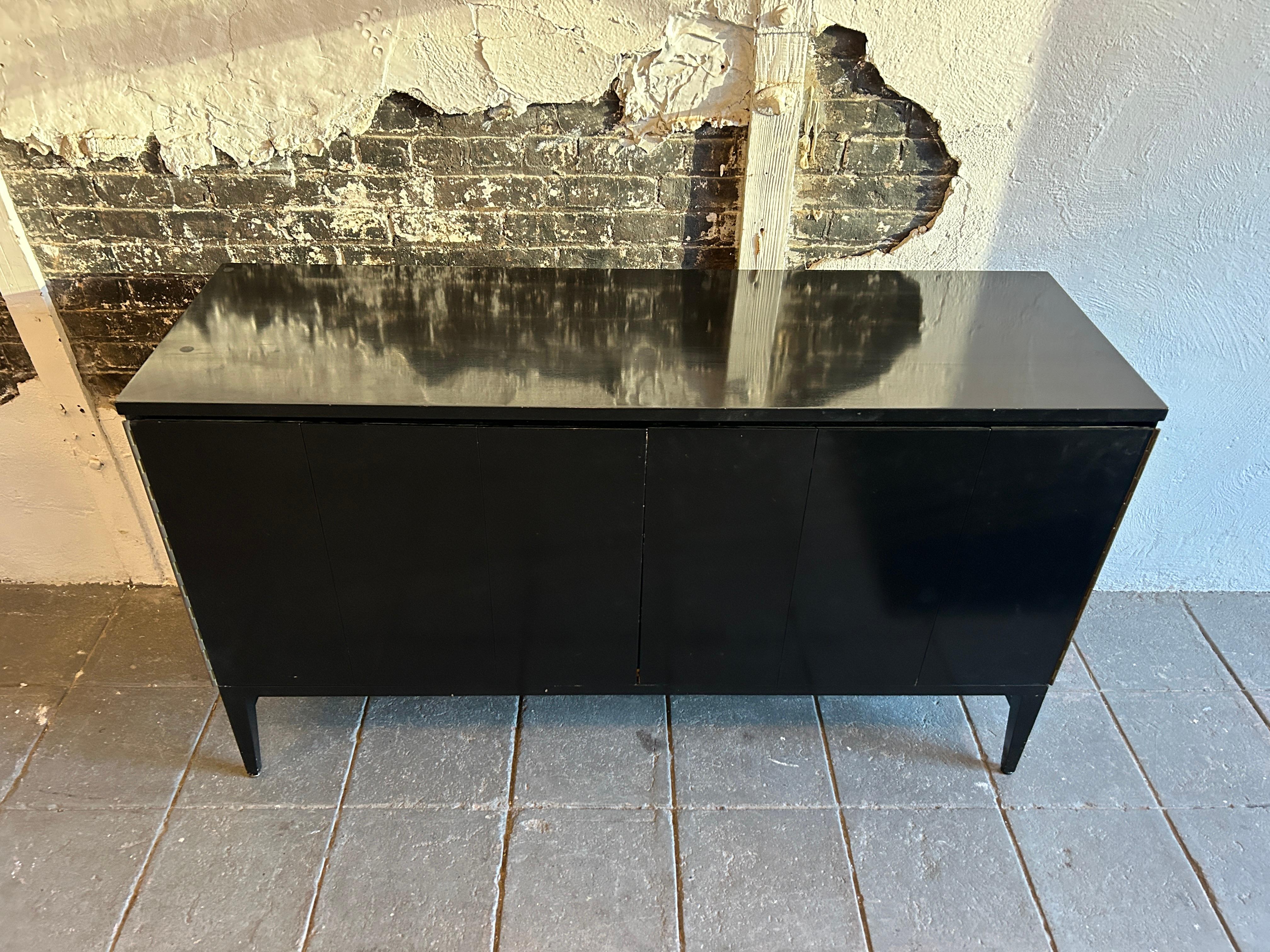 20th Century Mid century Paul McCobb Calvin Credenza Brass Black Lacquer with top unit For Sale