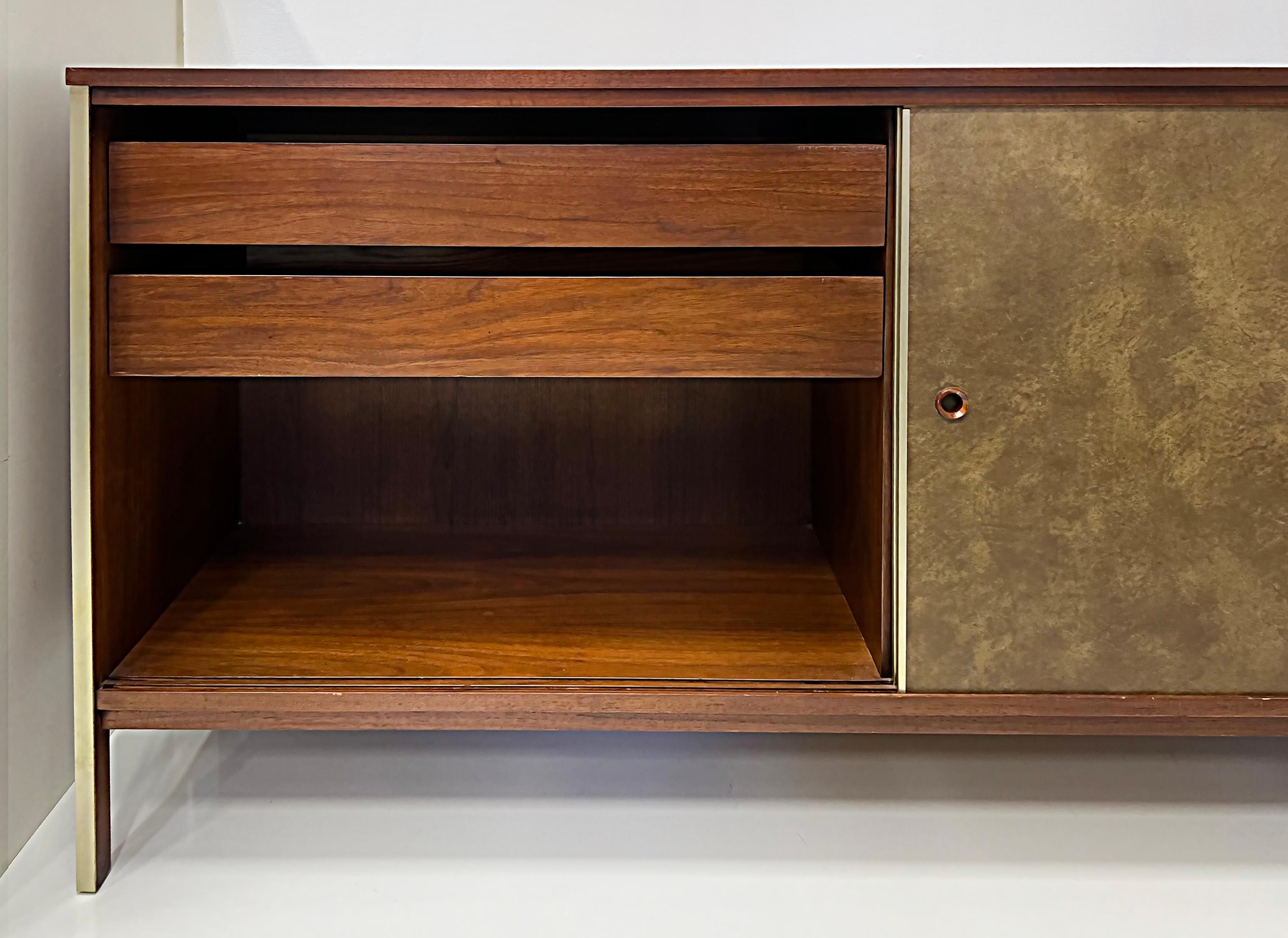 Mid-century Paul McCobb Calvin Line Leather Walnut Cabinet In Good Condition In Miami, FL