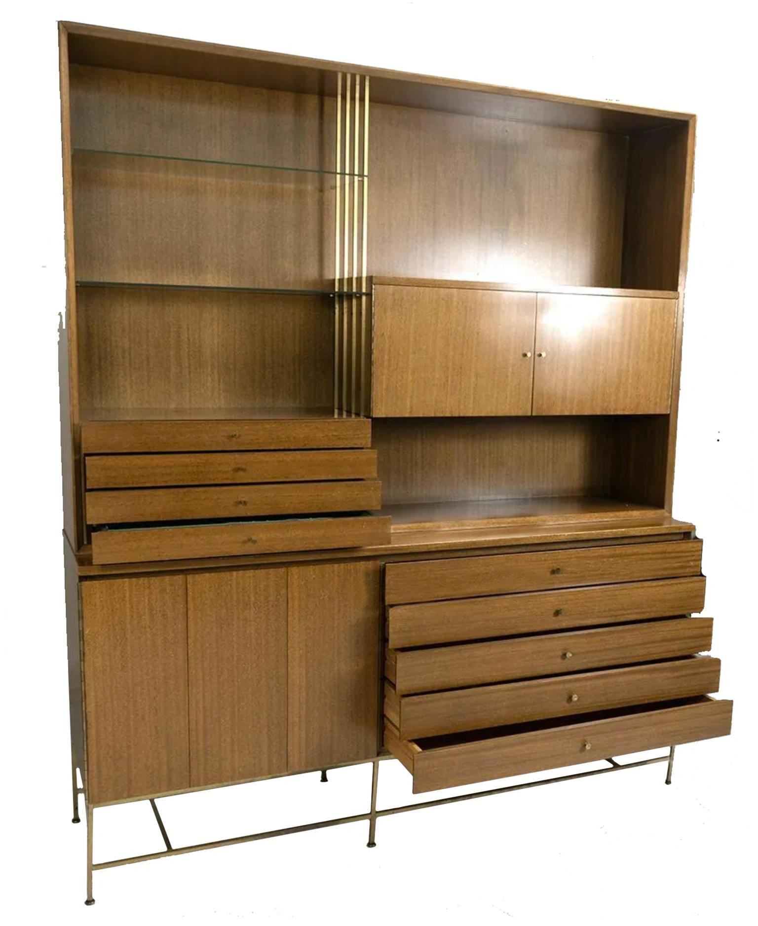 Mid-Century Modern Mid Century Paul McCobb Calvin Wall Unit Etagere Walnut Brass Base For Sale