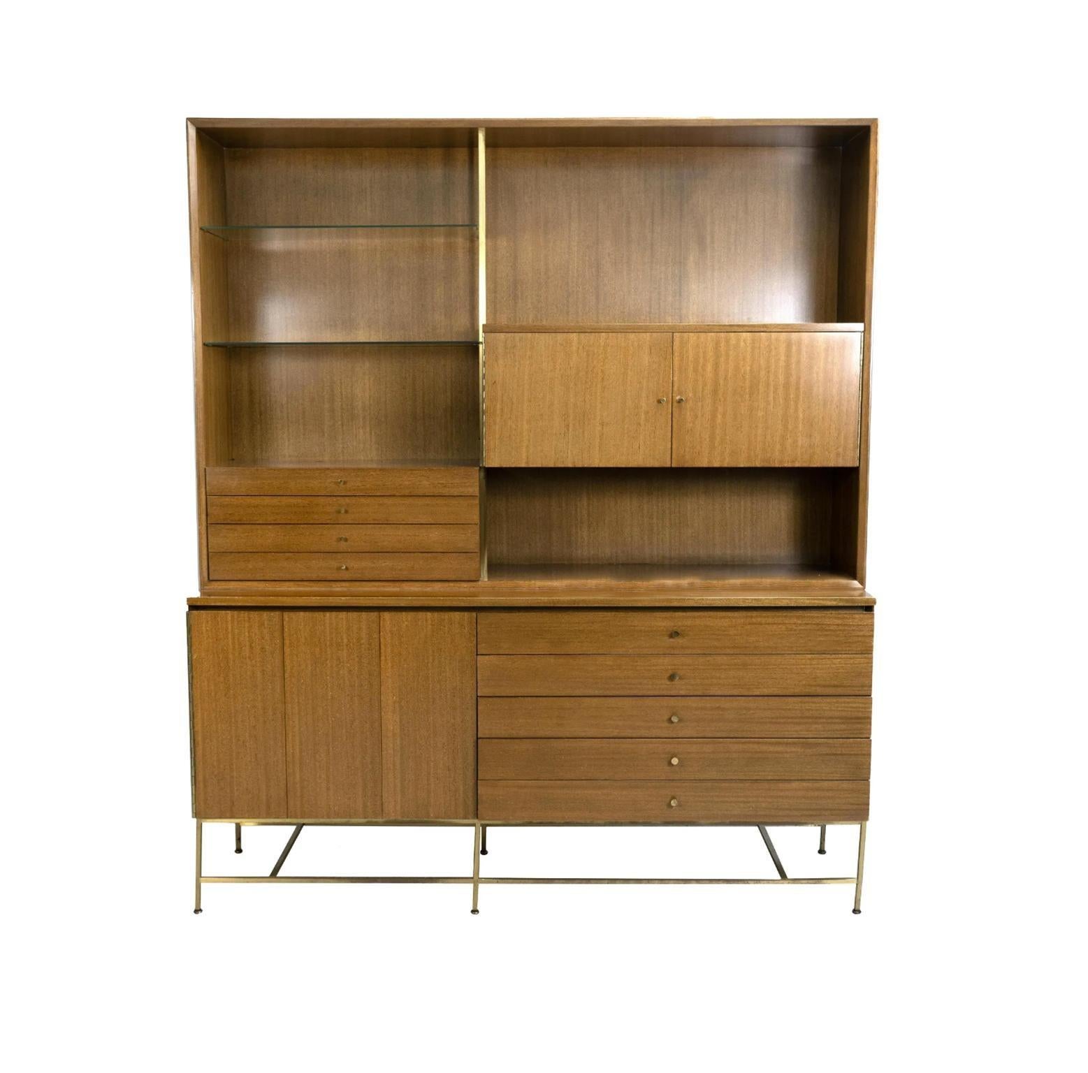 Woodwork Mid Century Paul McCobb Calvin Wall Unit Etagere Walnut Brass Base For Sale