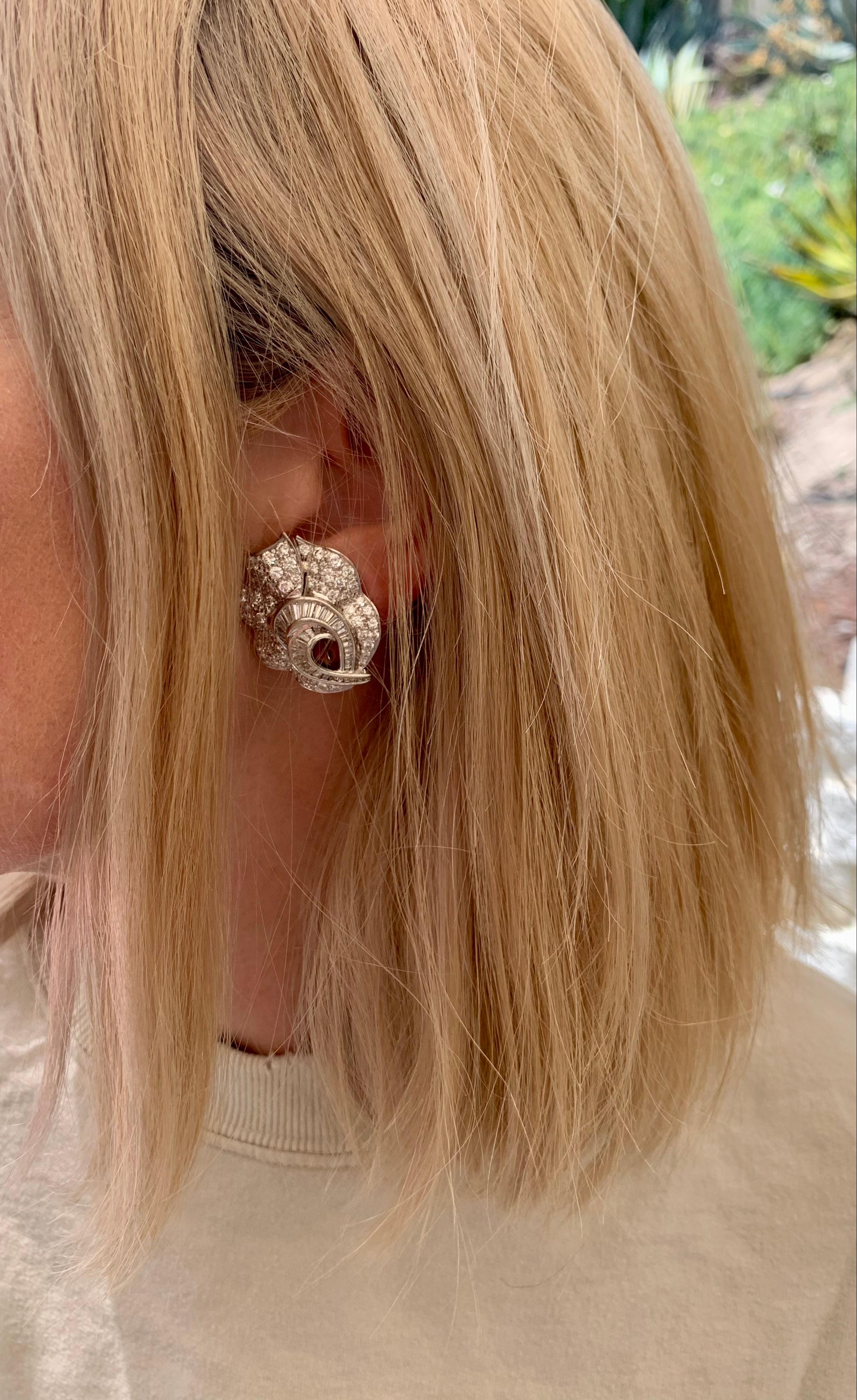 Brilliant Cut Mid-Century Pave Diamond 18k White Gold Earrings, circa 1950s