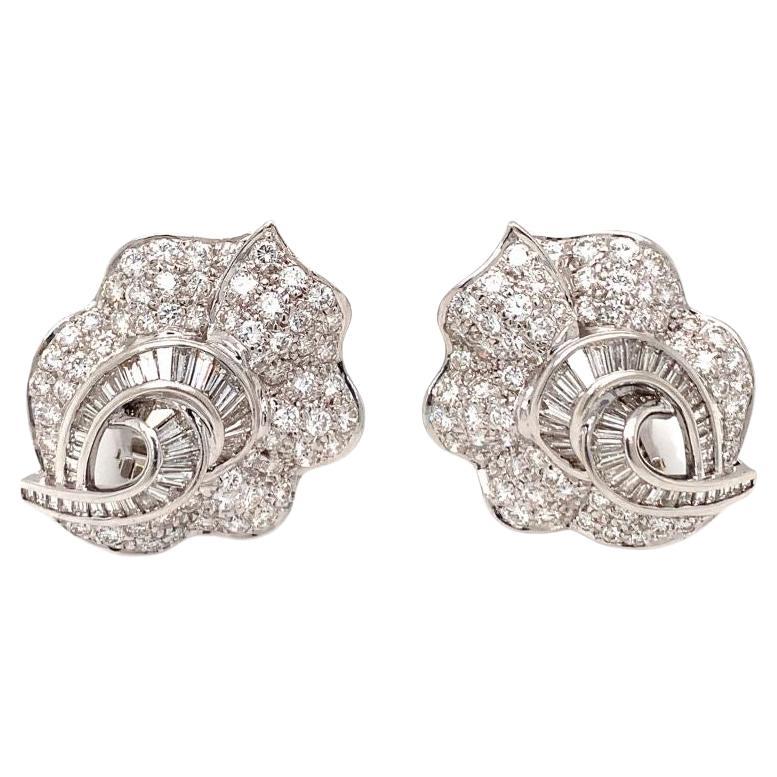 Mid-Century Pave Diamond 18k White Gold Earrings, circa 1950s For Sale