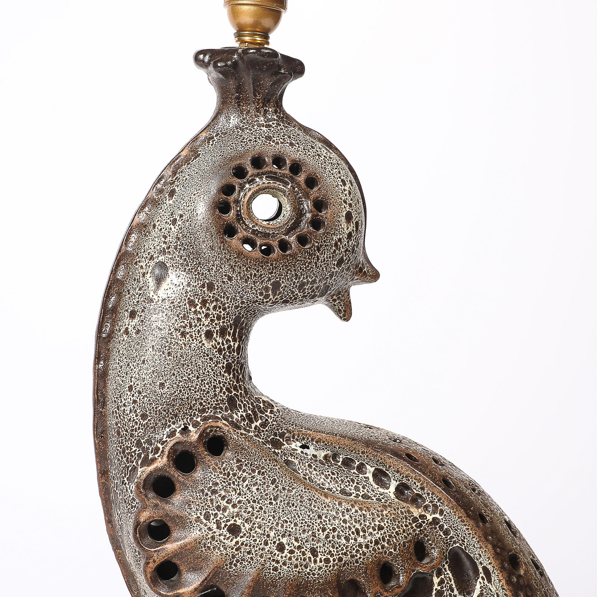 Mid-Century Peacock Table Lamp in Ceramic with Textural Gradient Umber Glaze For Sale 7