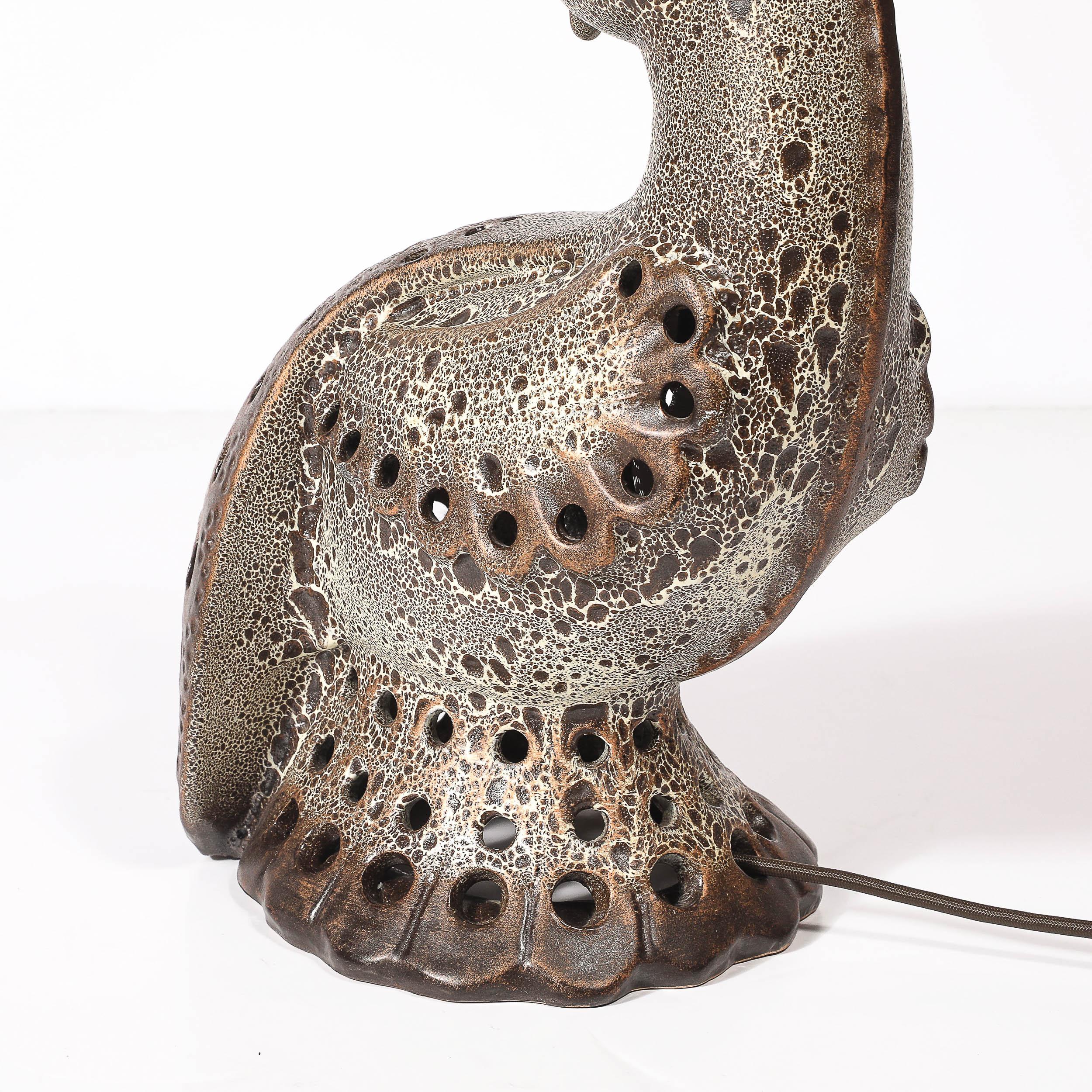 Mid-Century Peacock Table Lamp in Ceramic with Textural Gradient Umber Glaze For Sale 11