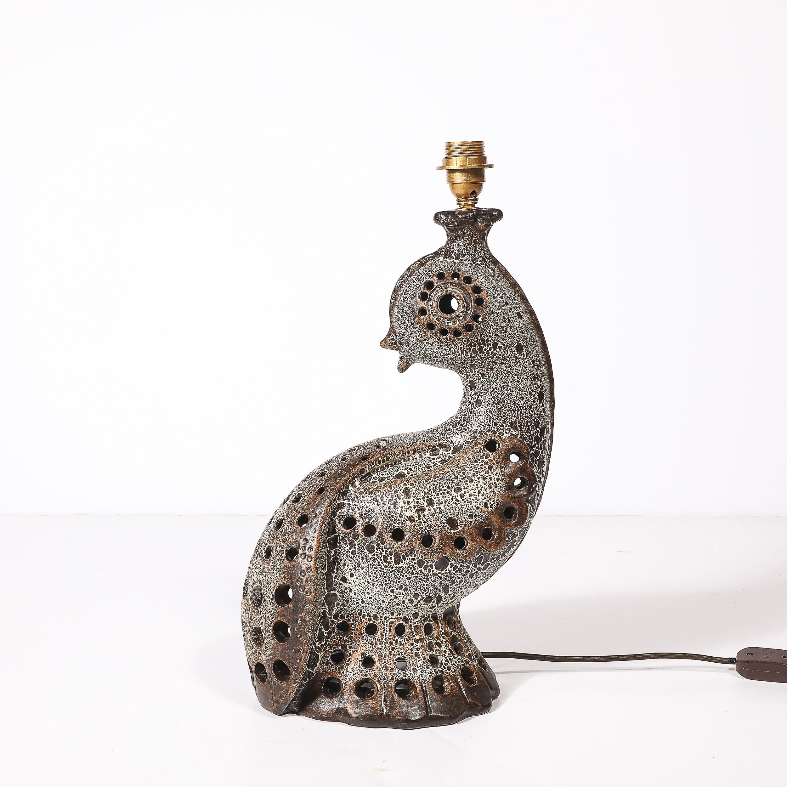 Mid-Century Peacock Table Lamp in Ceramic with Textural Gradient Umber Glaze For Sale 12