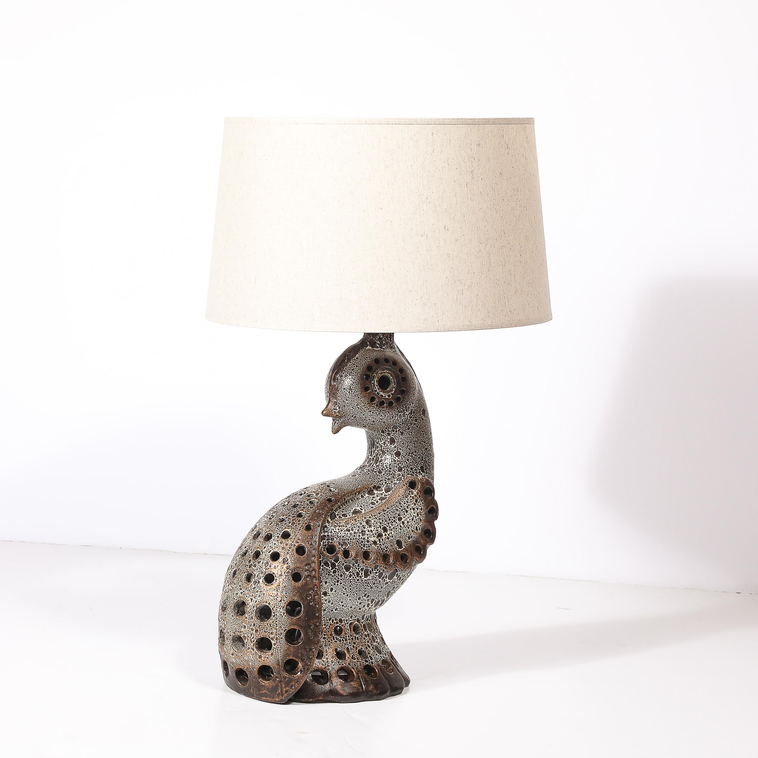 Mid-Century Modern Mid-Century Peacock Table Lamp in Ceramic with Textural Gradient Umber Glaze For Sale