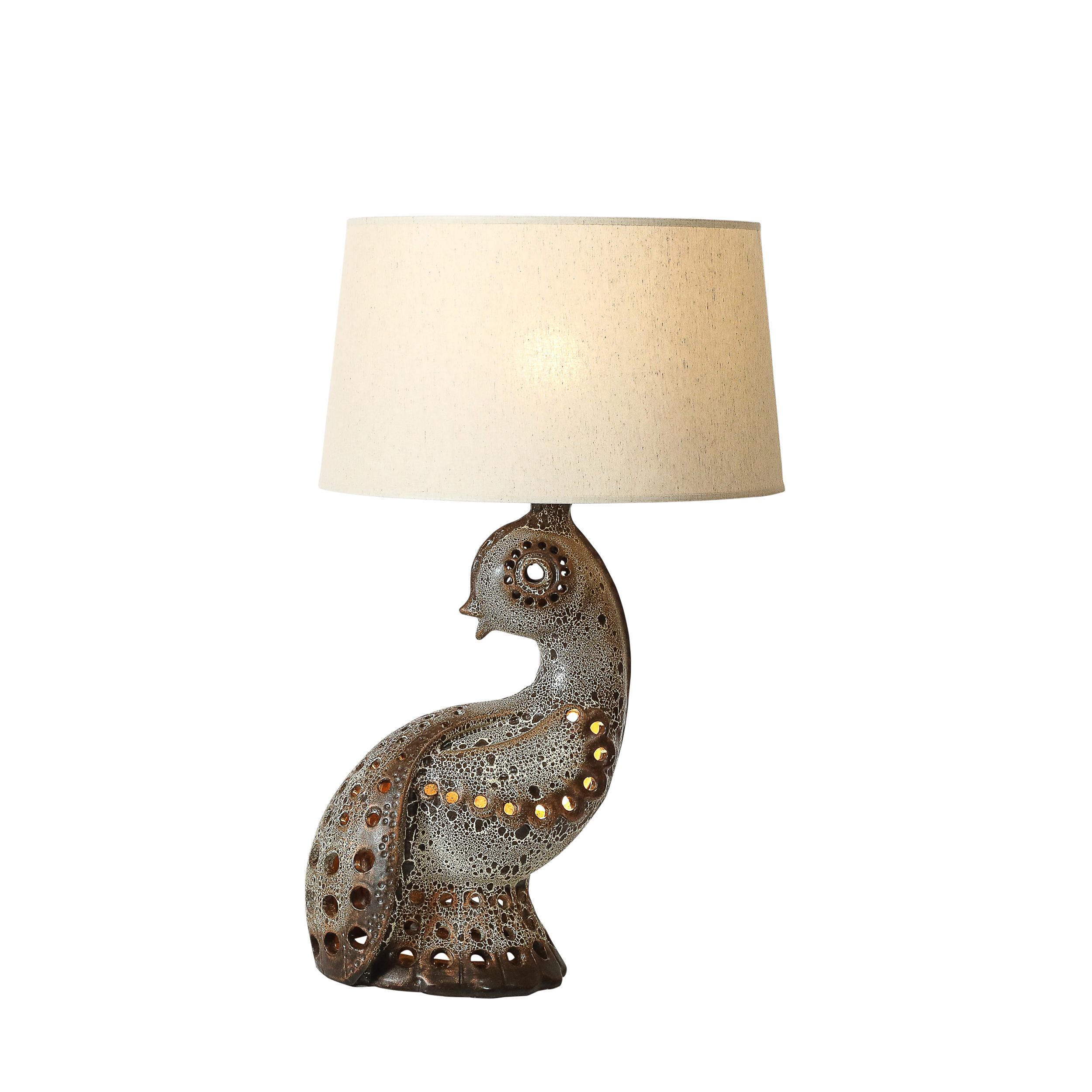 French Mid-Century Peacock Table Lamp in Ceramic with Textural Gradient Umber Glaze For Sale