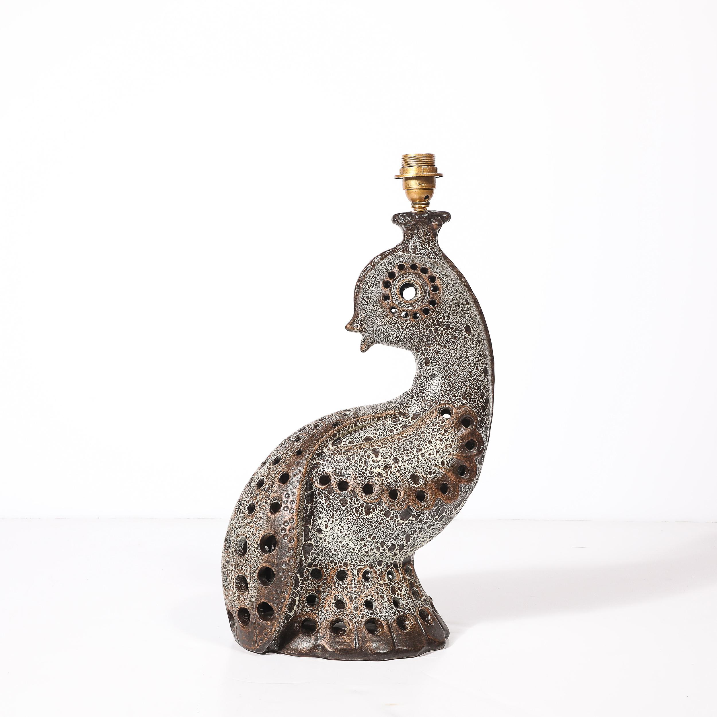 Mid-20th Century Mid-Century Peacock Table Lamp in Ceramic with Textural Gradient Umber Glaze For Sale