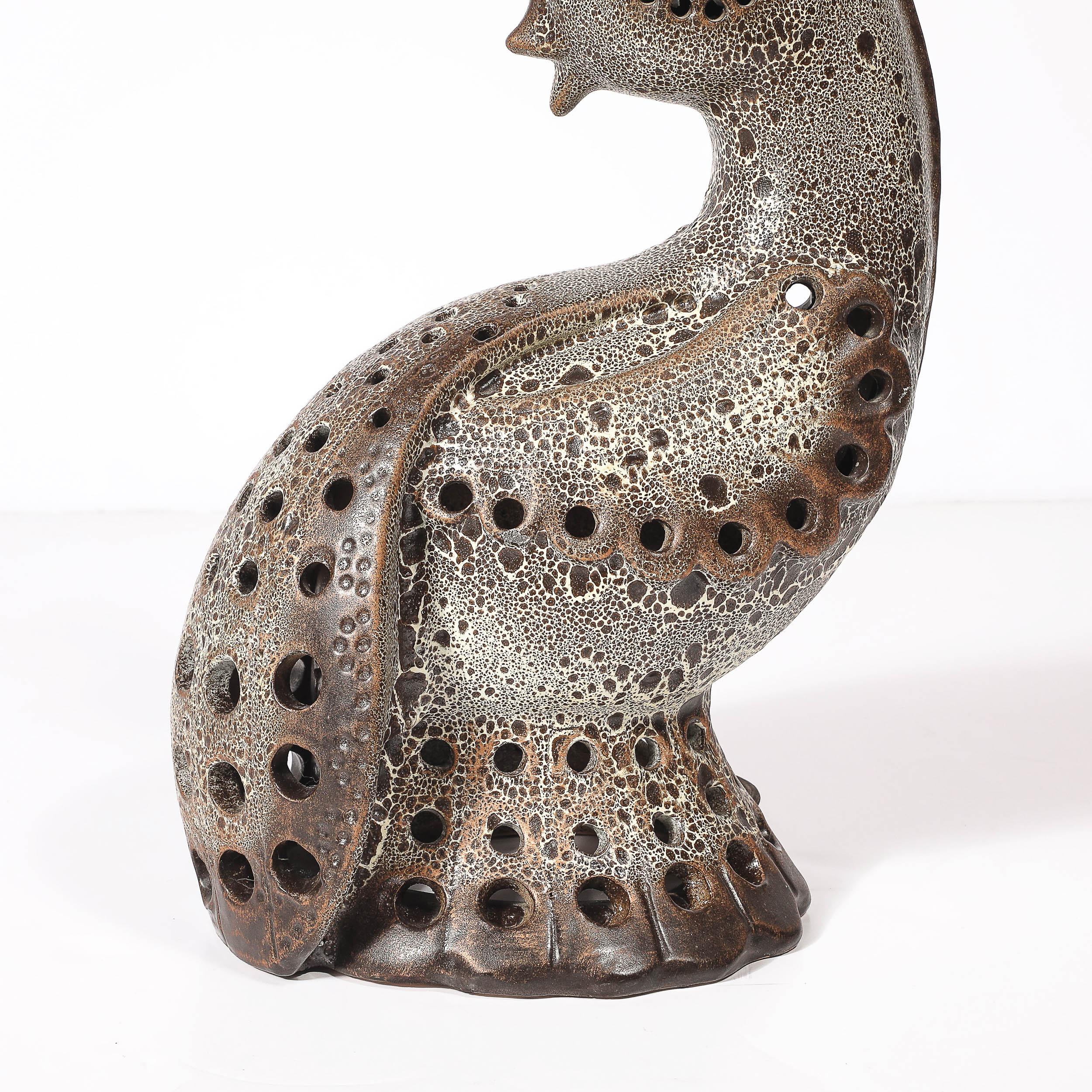 Mid-Century Peacock Table Lamp in Ceramic with Textural Gradient Umber Glaze For Sale 2