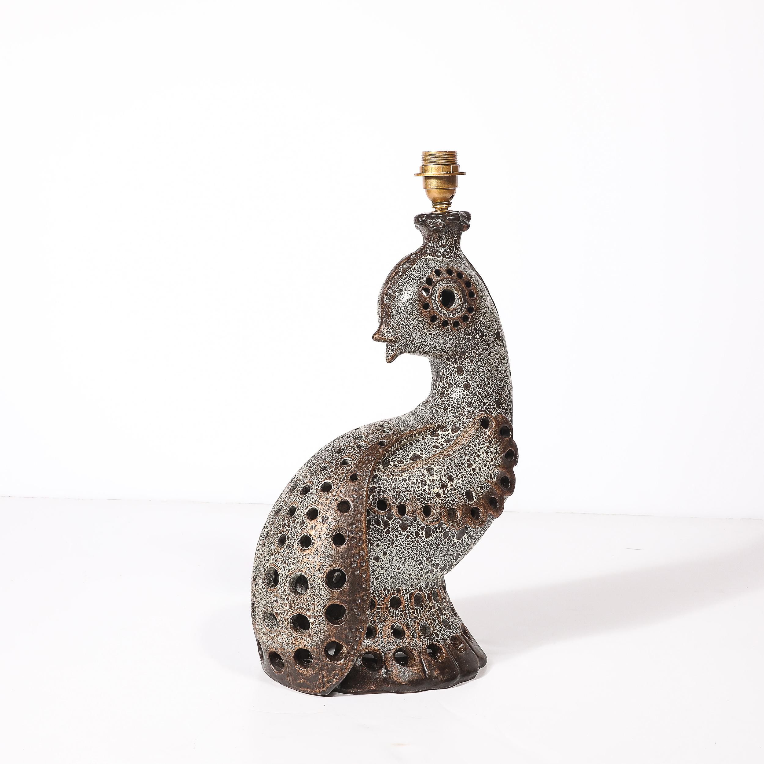 Mid-Century Peacock Table Lamp in Ceramic with Textural Gradient Umber Glaze For Sale 3