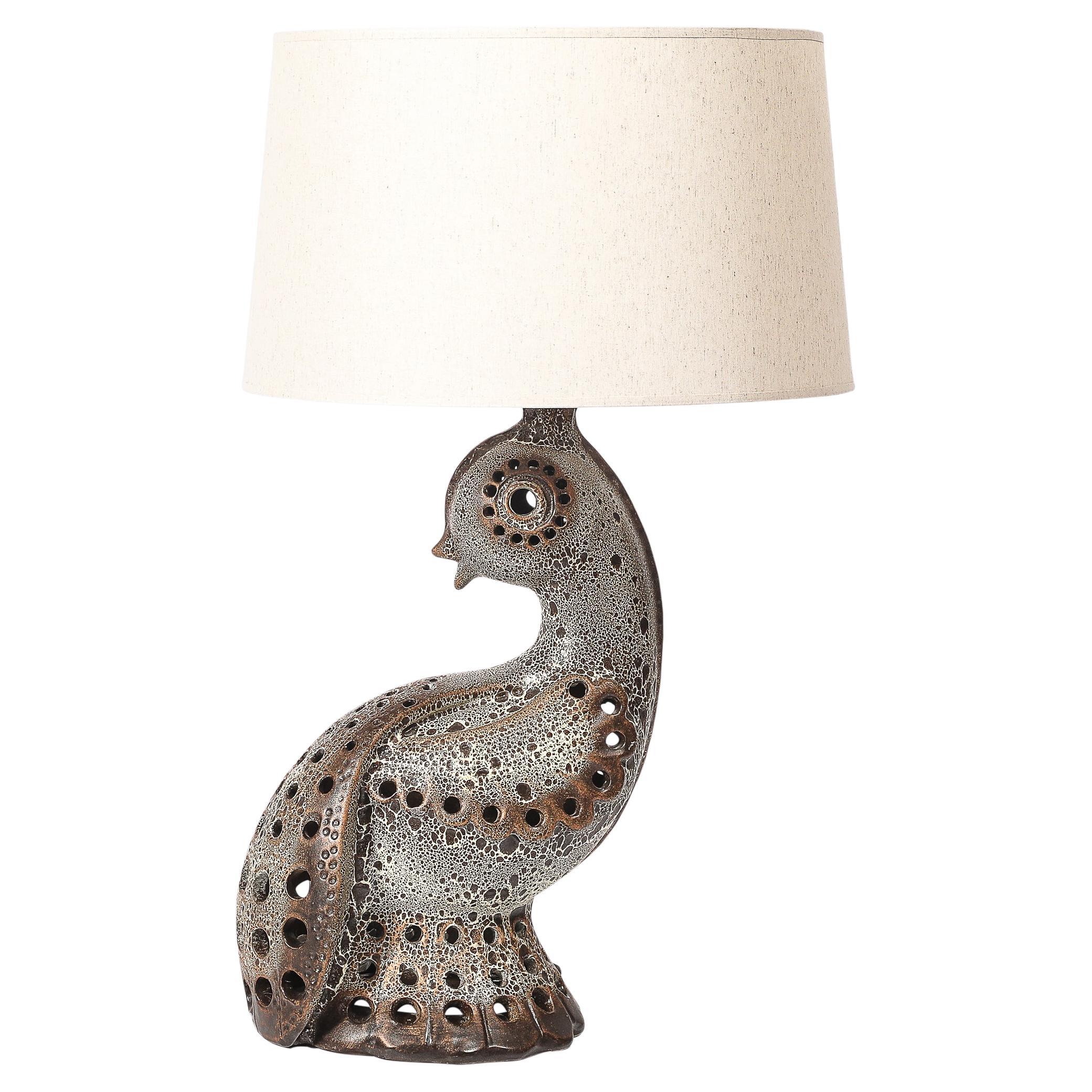 Mid-Century Peacock Table Lamp in Ceramic with Textural Gradient Umber Glaze For Sale