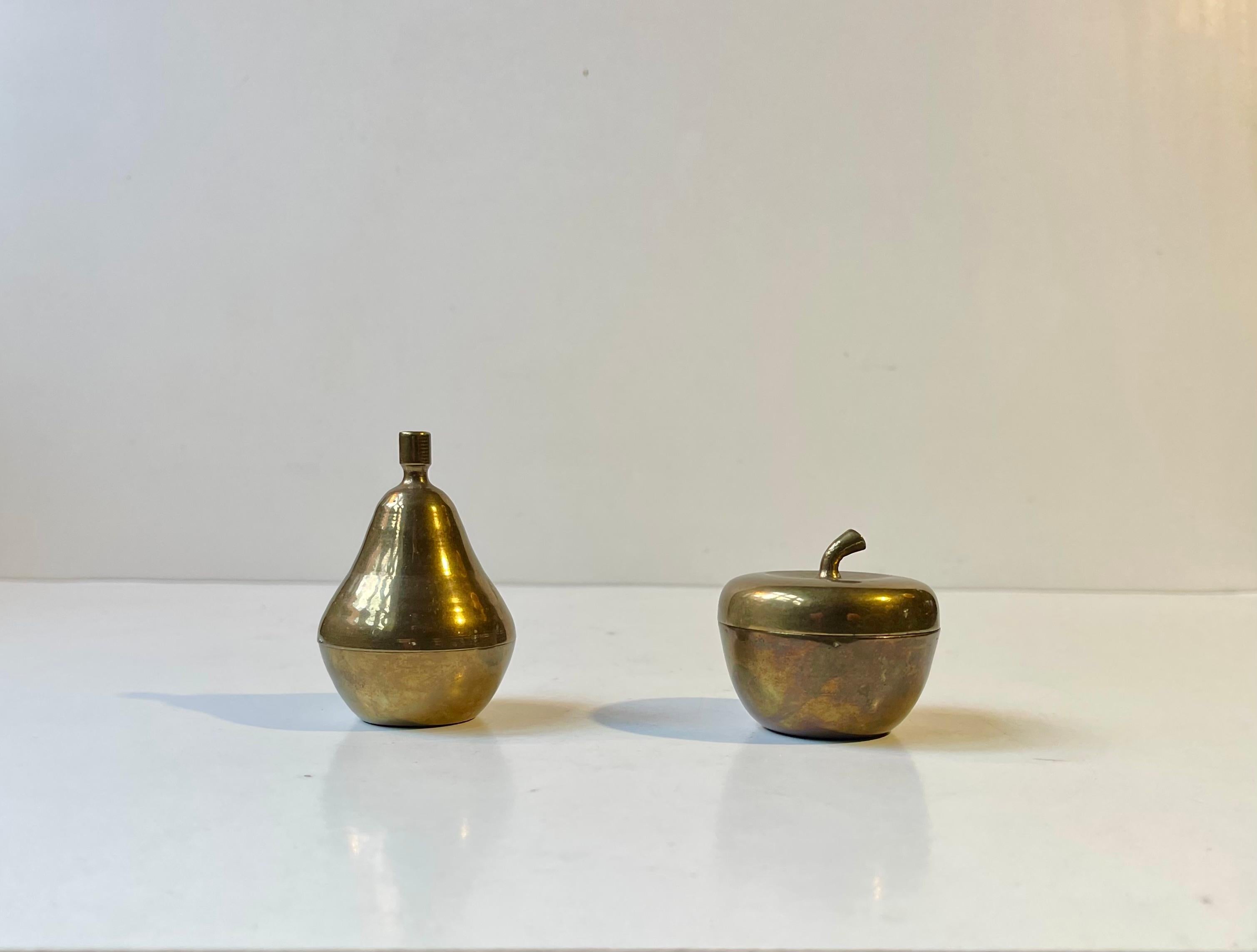 Mid-Century Modern Mid-century Pear & Apple Lidded Jars in Patinated Brass For Sale
