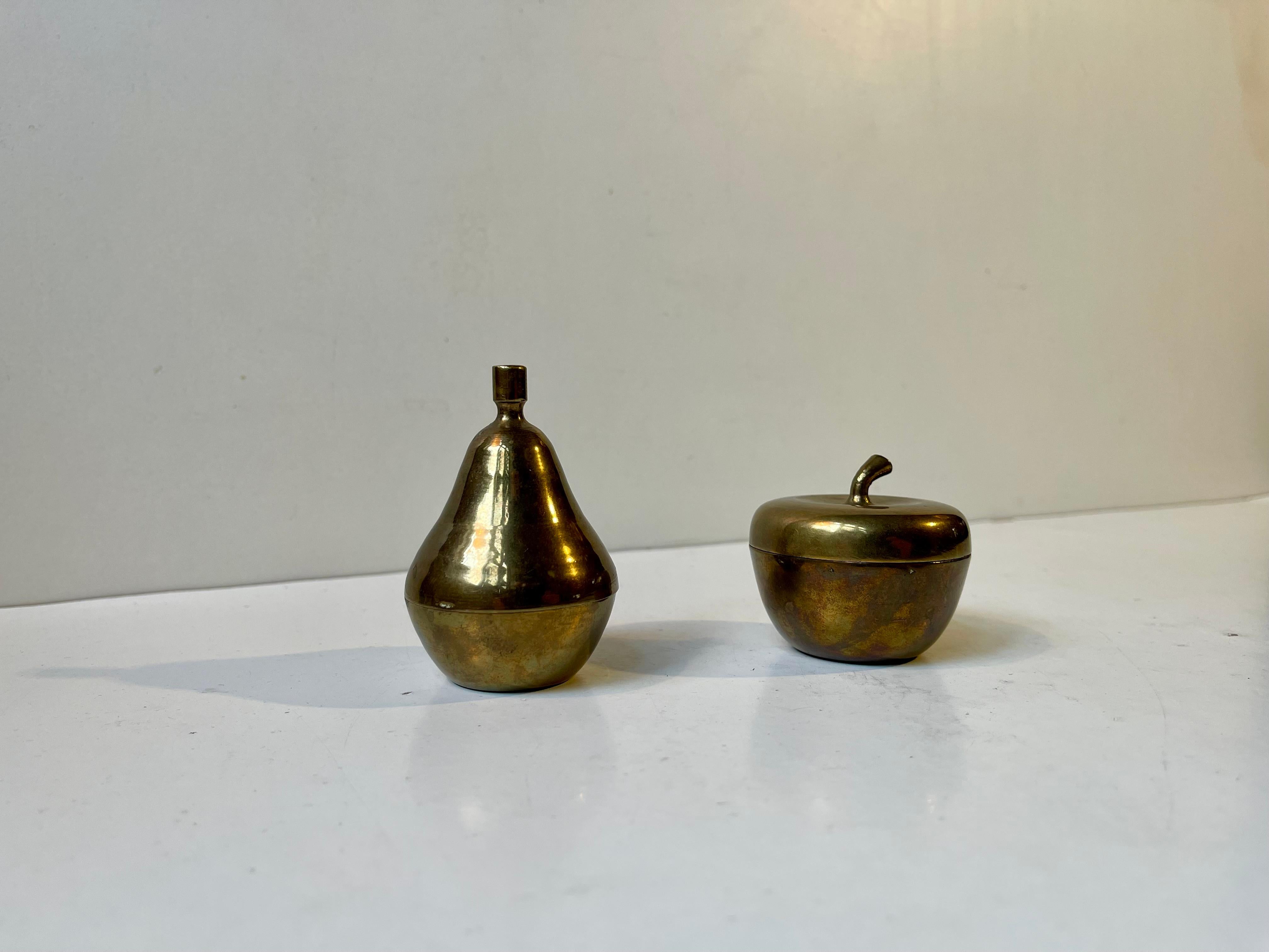 20th Century Mid-century Pear & Apple Lidded Jars in Patinated Brass For Sale