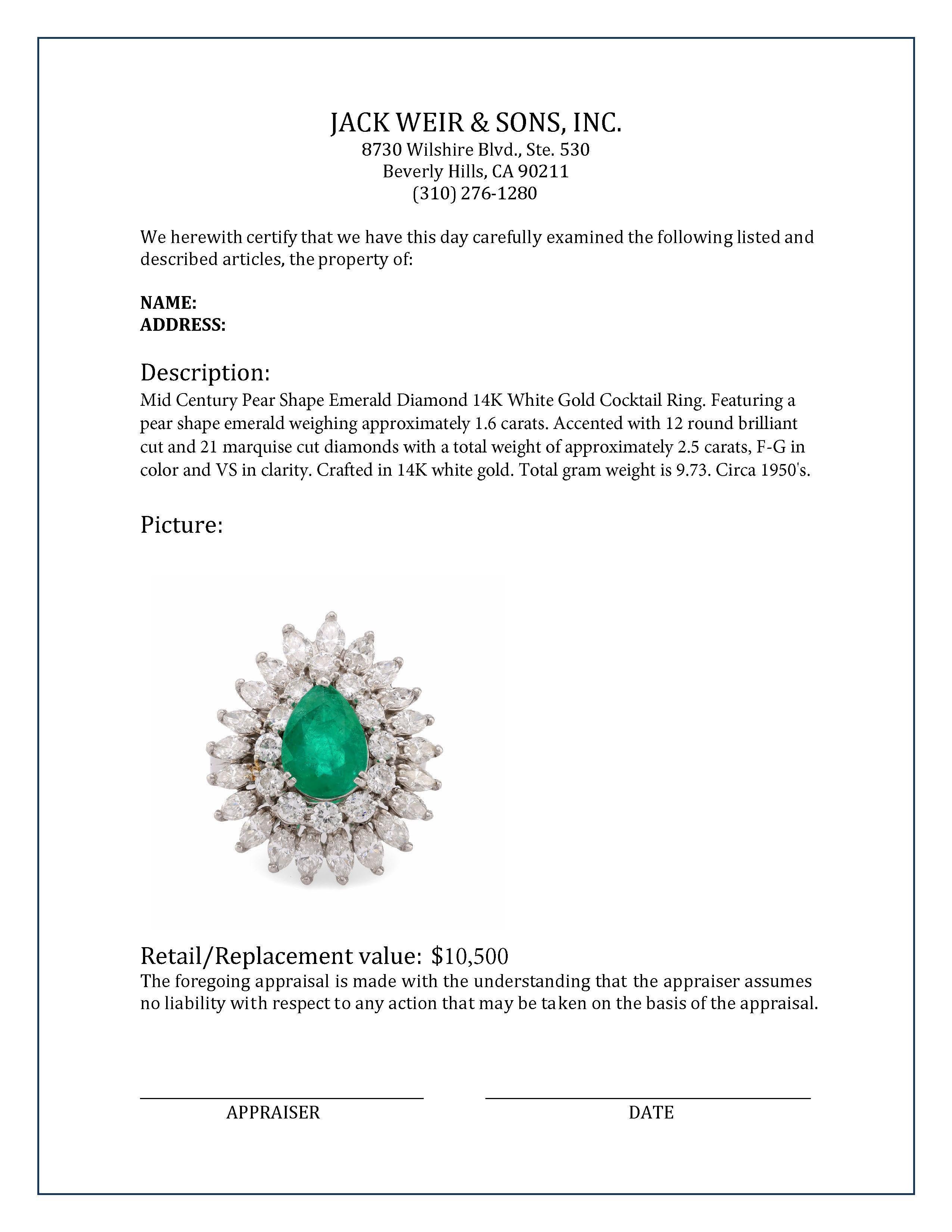 Mid Century Birne Form Smaragd Diamant 14K Weißgold Cocktail Ring im Zustand „Hervorragend“ in Beverly Hills, CA