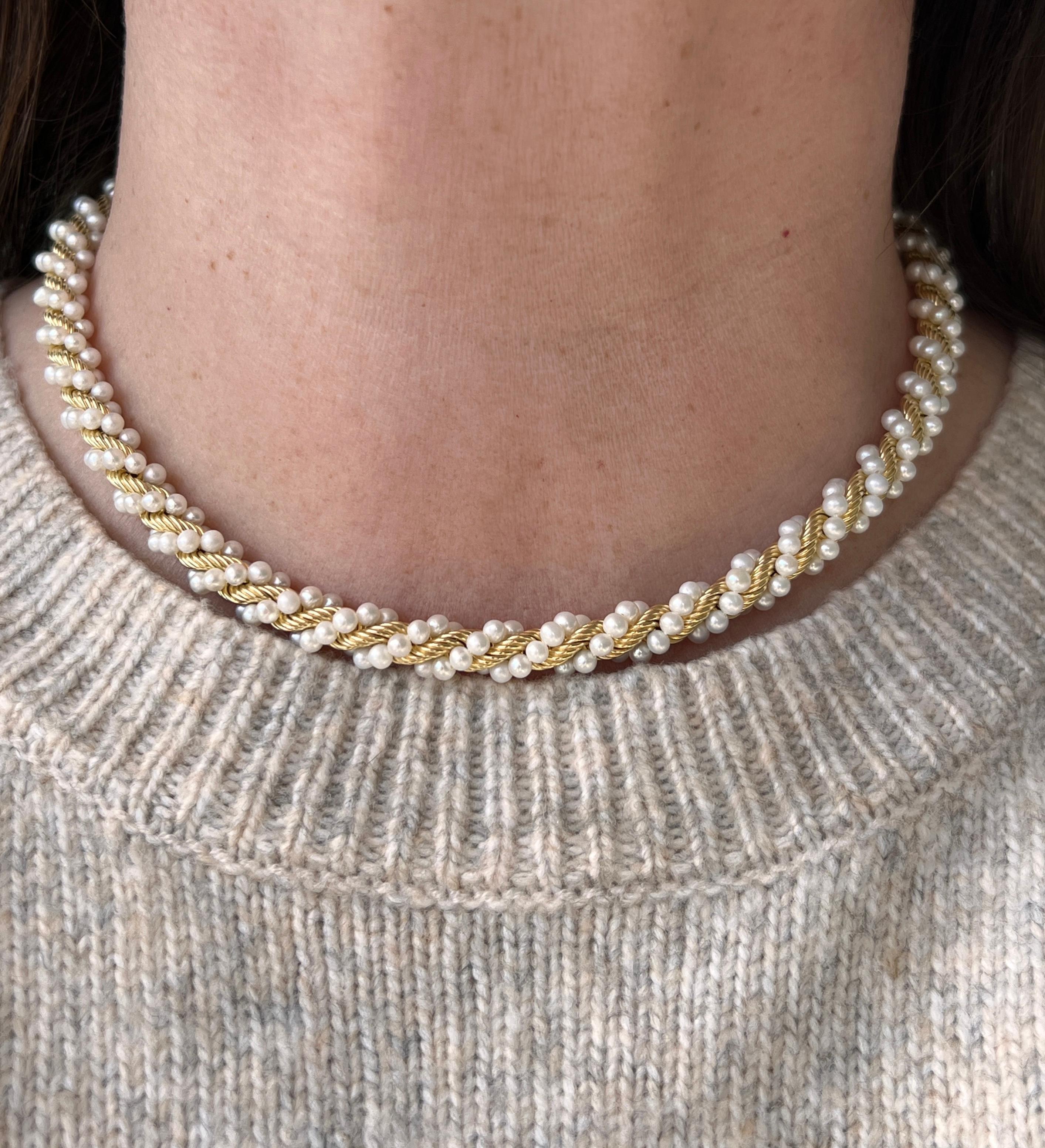 Mid Century Pearl and 14k Yellow Gold Twisted Rope Necklace For Sale at ...