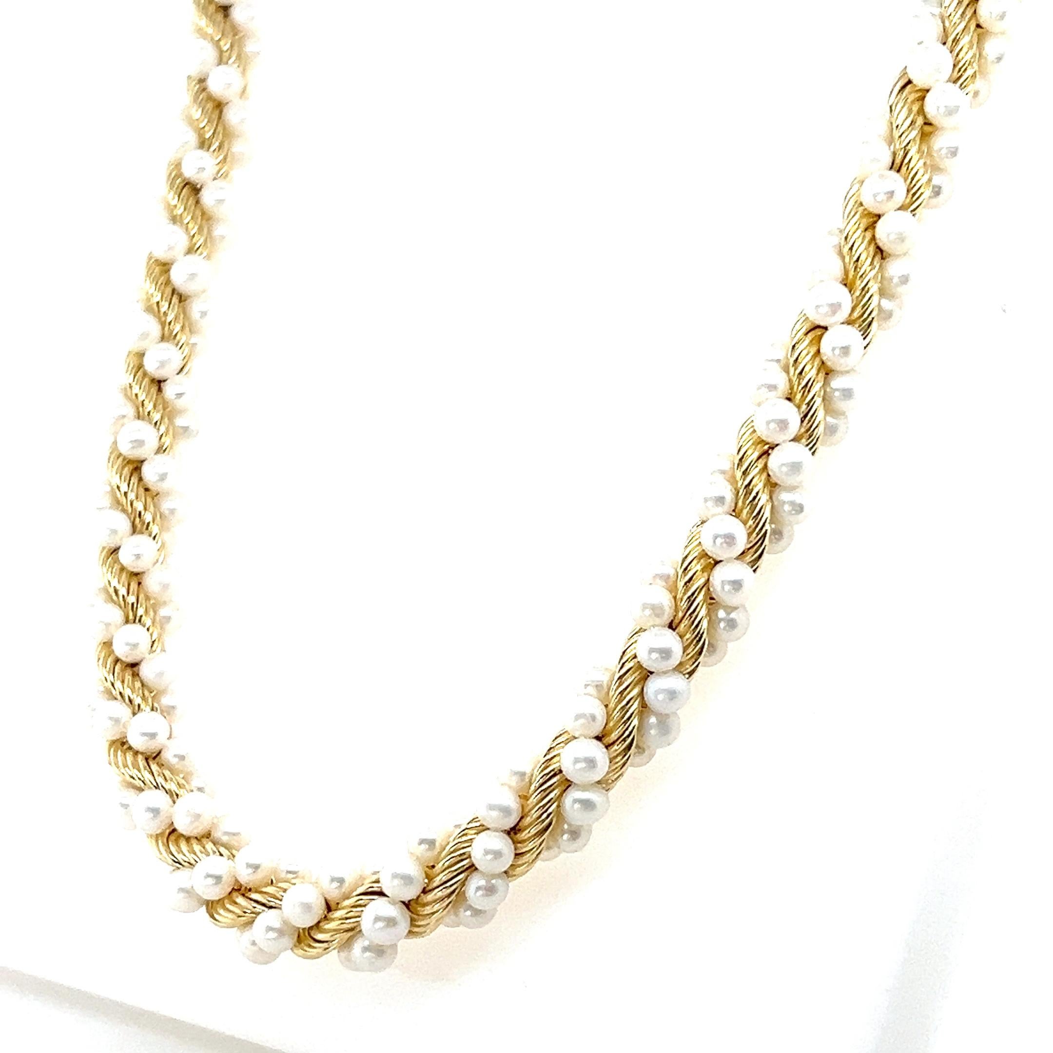 Mid Century Pearl and 14k Yellow Gold Twisted Rope Necklace For Sale at ...