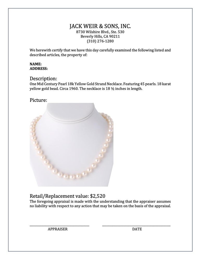 Midcentury Pearl 18k Yellow Gold Strand Necklace For Sale at 1stDibs
