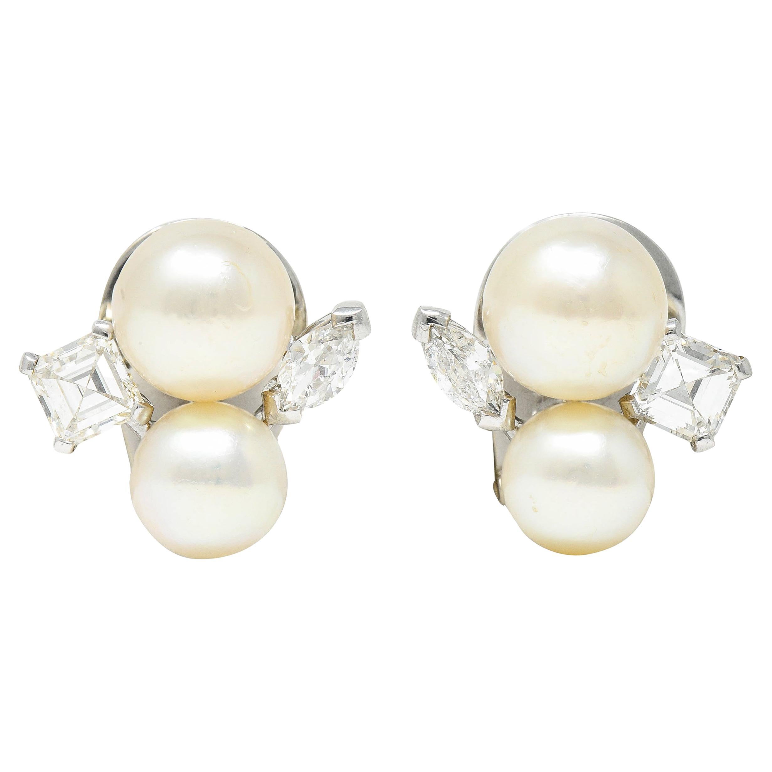 Mid-Century Pearl 2.15 Carats Diamond Platinum Cluster Ear-Clip Earrings