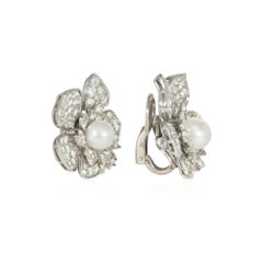 Mid-Century pearl and diamond flower earrings