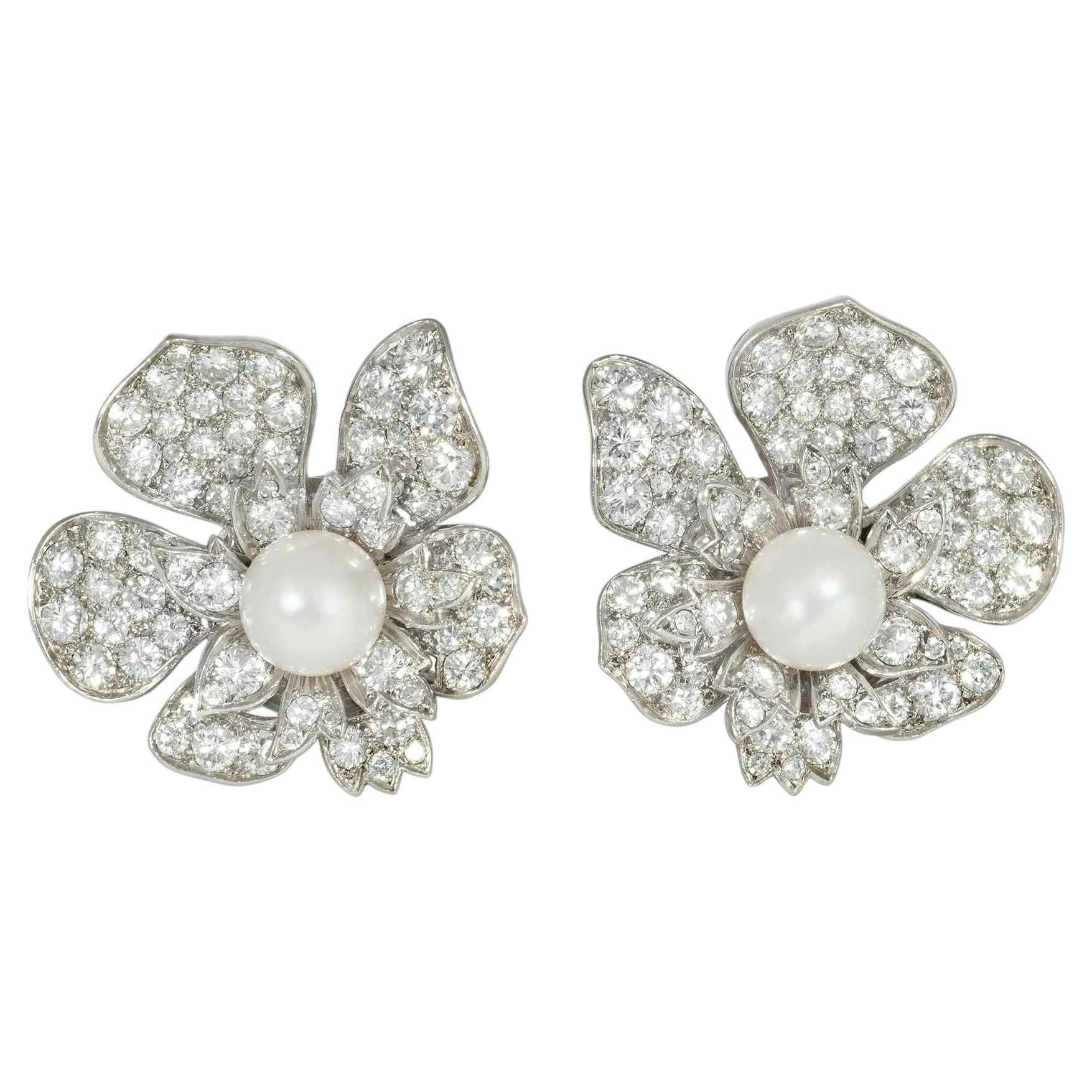 Mid-Century pearl and diamond flower earrings