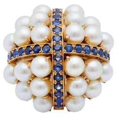 Midcentury Pearl and Sapphire 14Karat Yellow Gold Cocktail Ring