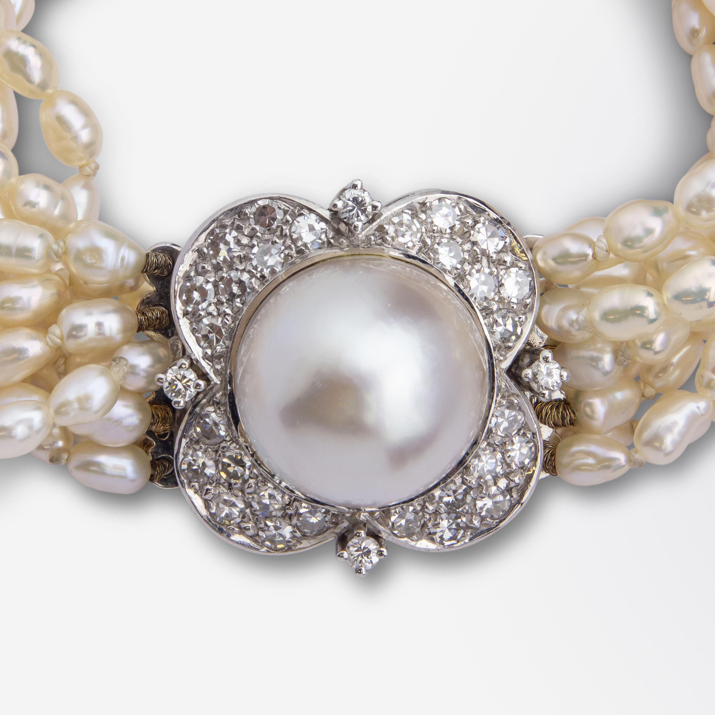 Single Cut Mid Century Pearl Bracelet with Mabe Pearl & Diamond Clasp For Sale
