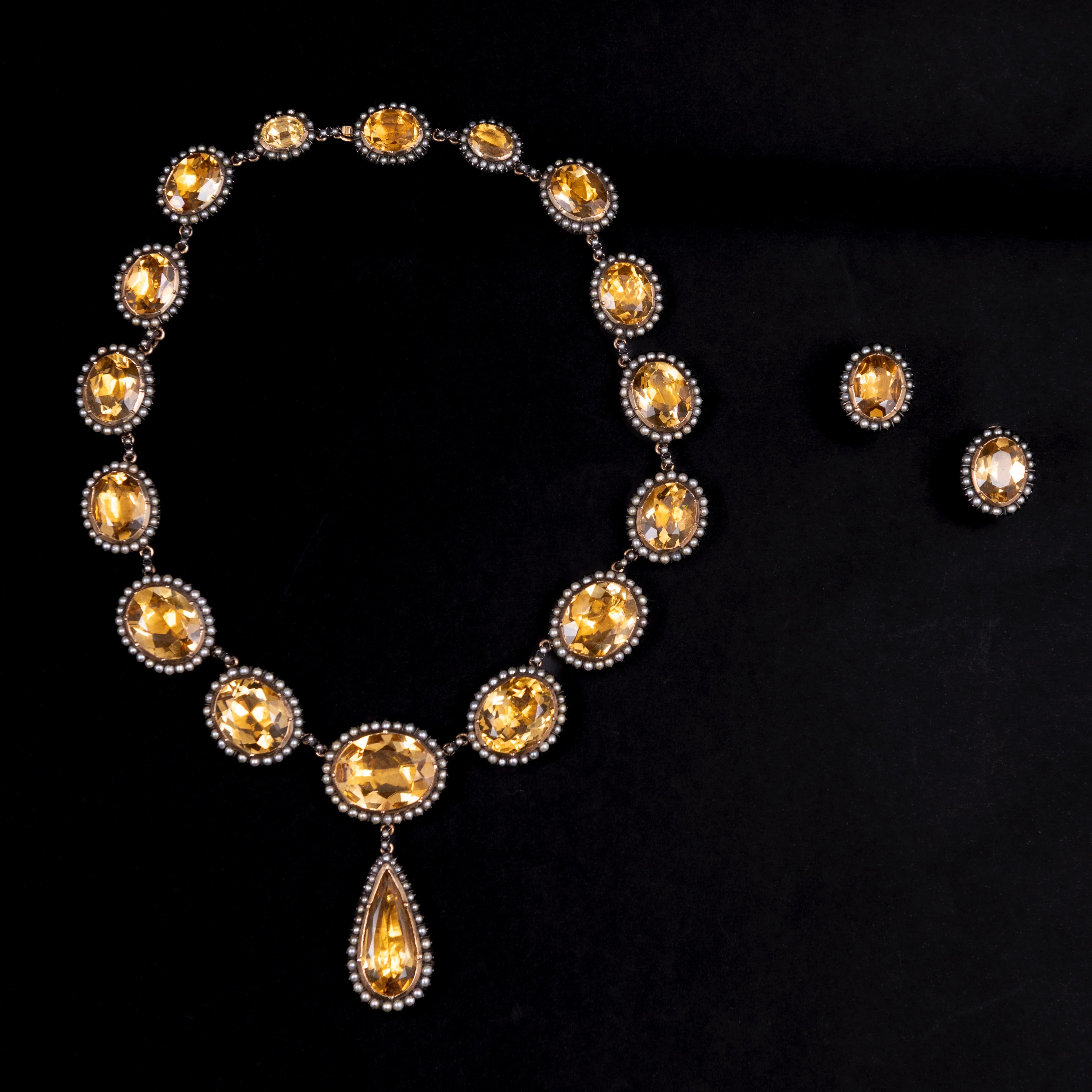 Georgian Mid-Century Pearl Citrine Quartz Earrings Necklace Demi-Parure Set Portuguese For Sale