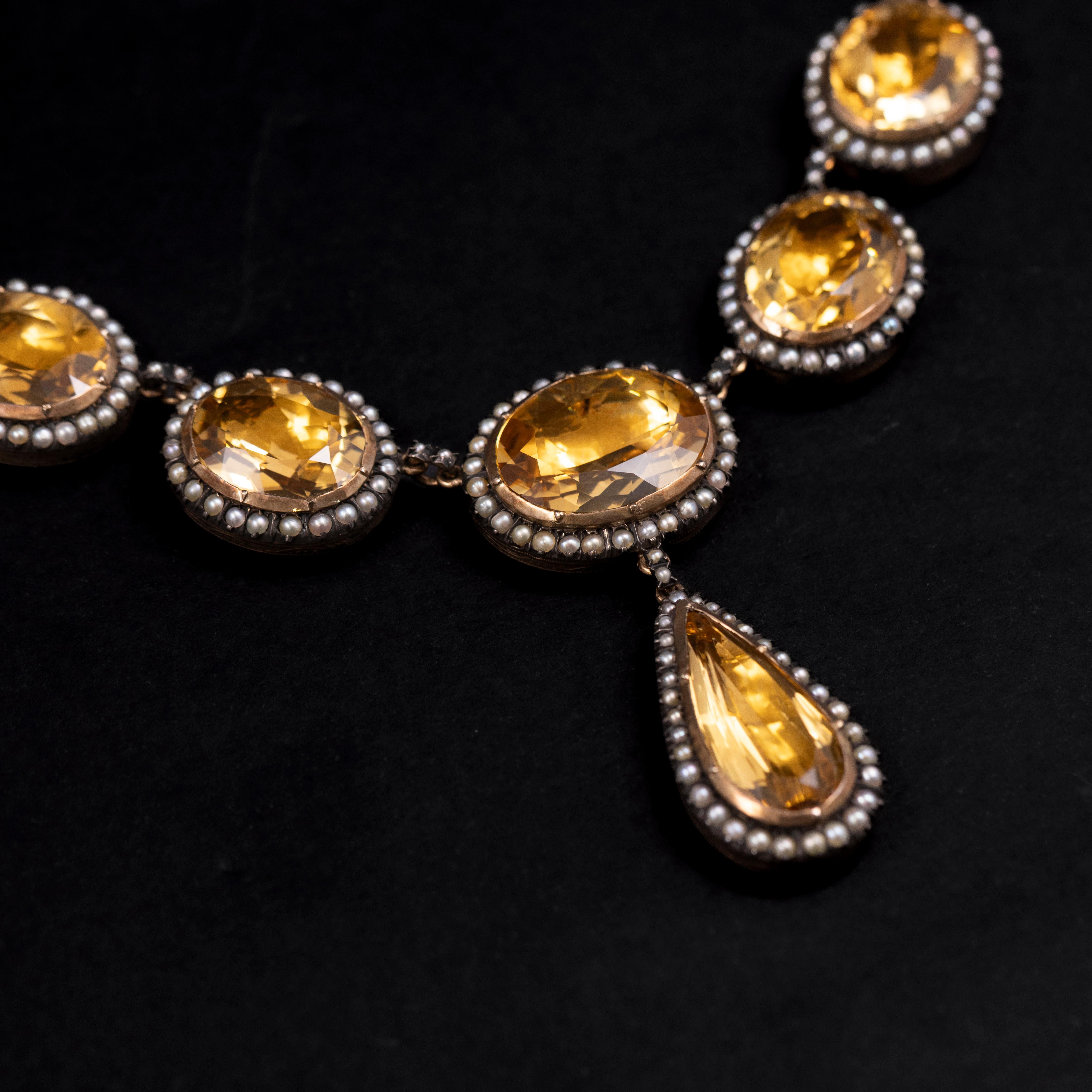 Oval Cut Mid-Century Pearl Citrine Quartz Earrings Necklace Demi-Parure Set Portuguese For Sale