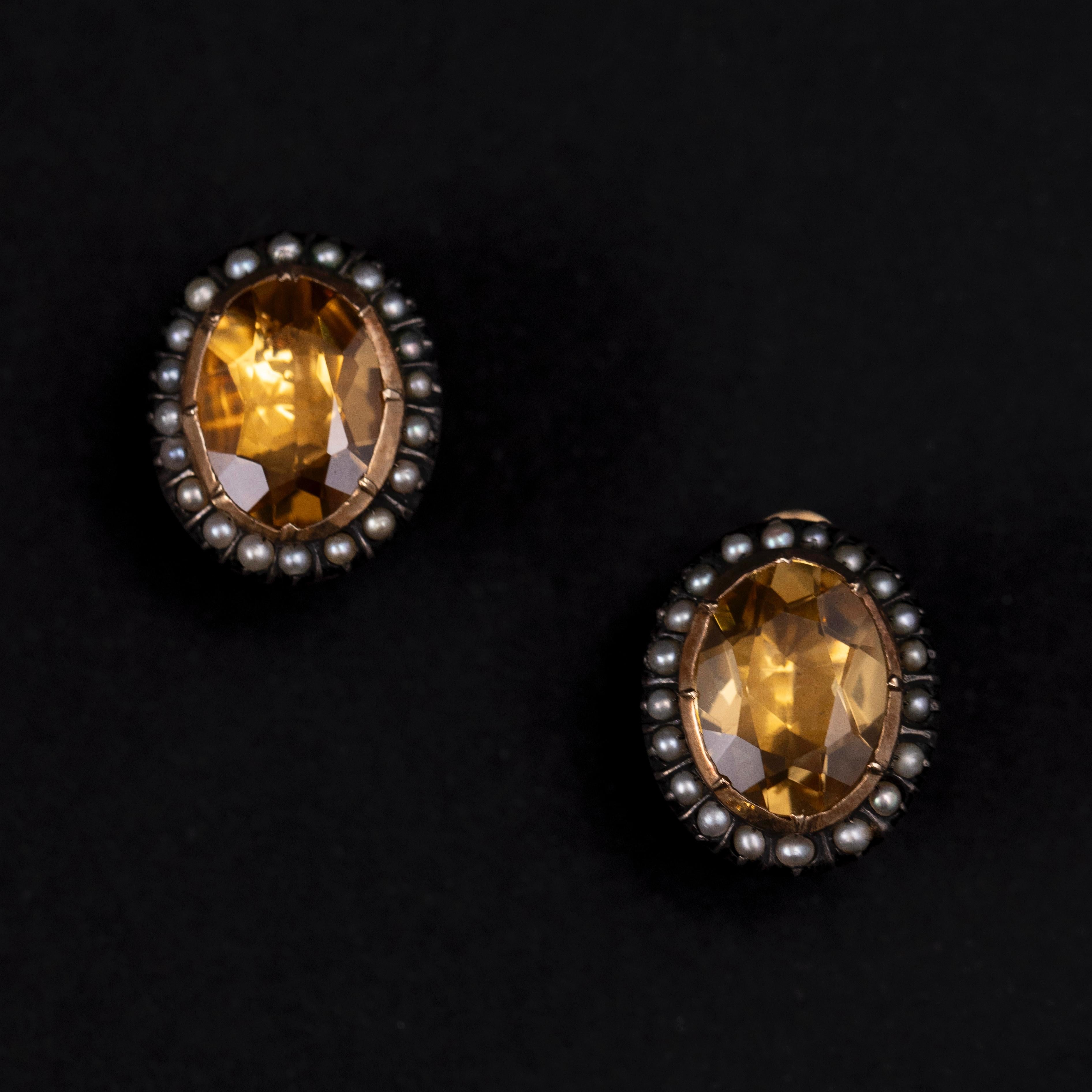 Mid-Century Pearl Citrine Quartz Earrings Necklace Demi-Parure Set Portuguese In Good Condition For Sale In Lisbon, PT