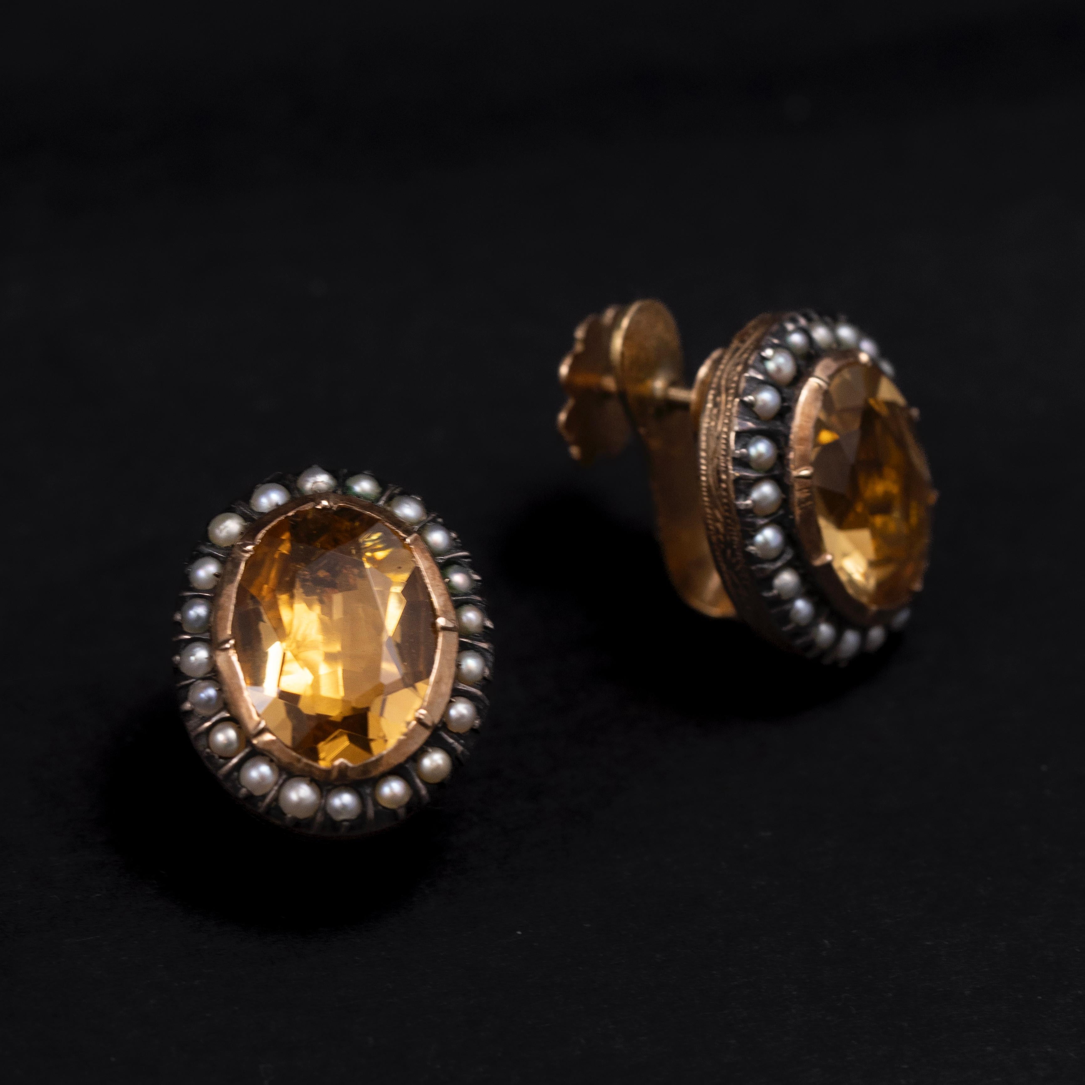 Women's or Men's Mid-Century Pearl Citrine Quartz Earrings Necklace Demi-Parure Set Portuguese For Sale