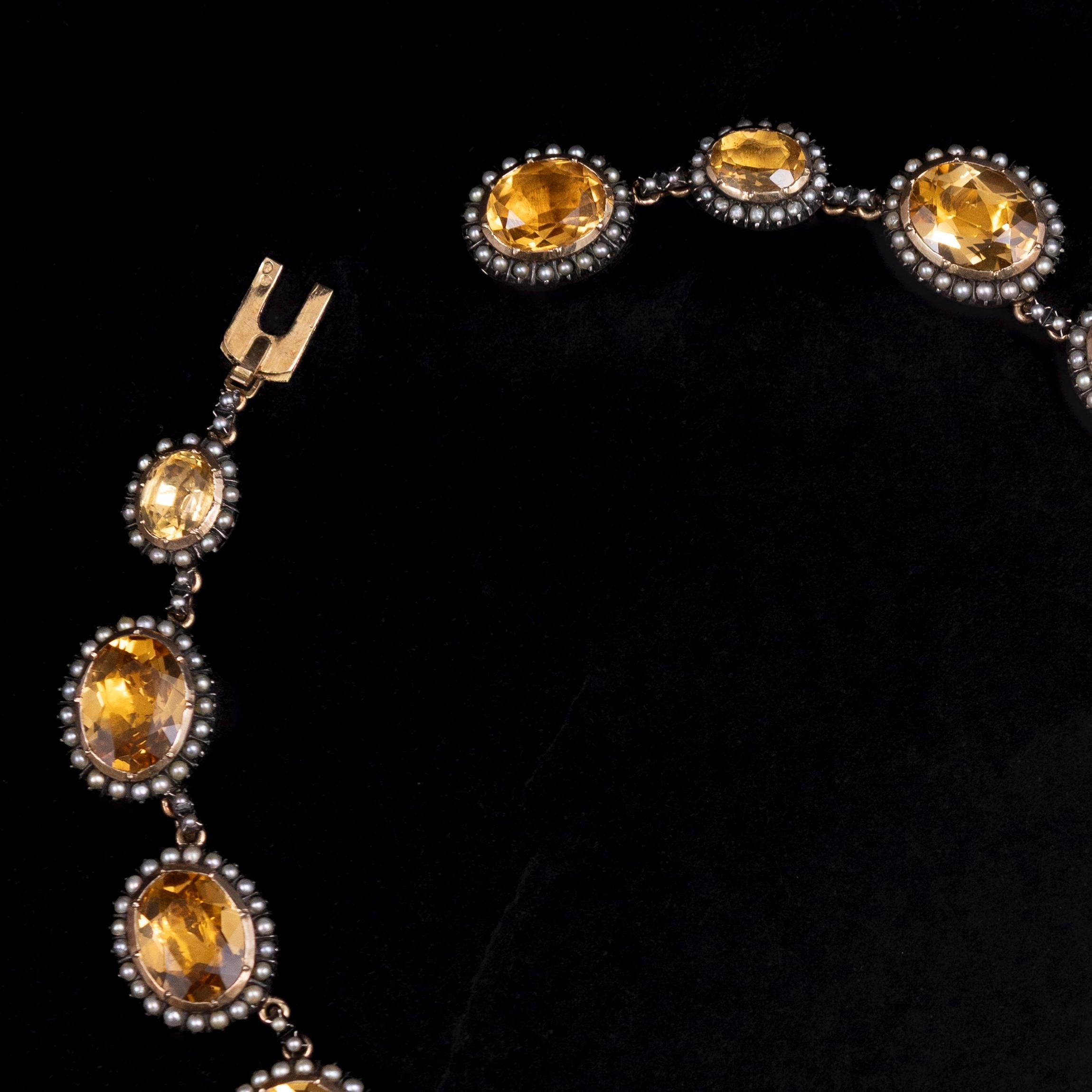 Mid-Century Pearl Citrine Quartz Earrings Necklace Demi-Parure Set Portuguese For Sale 2