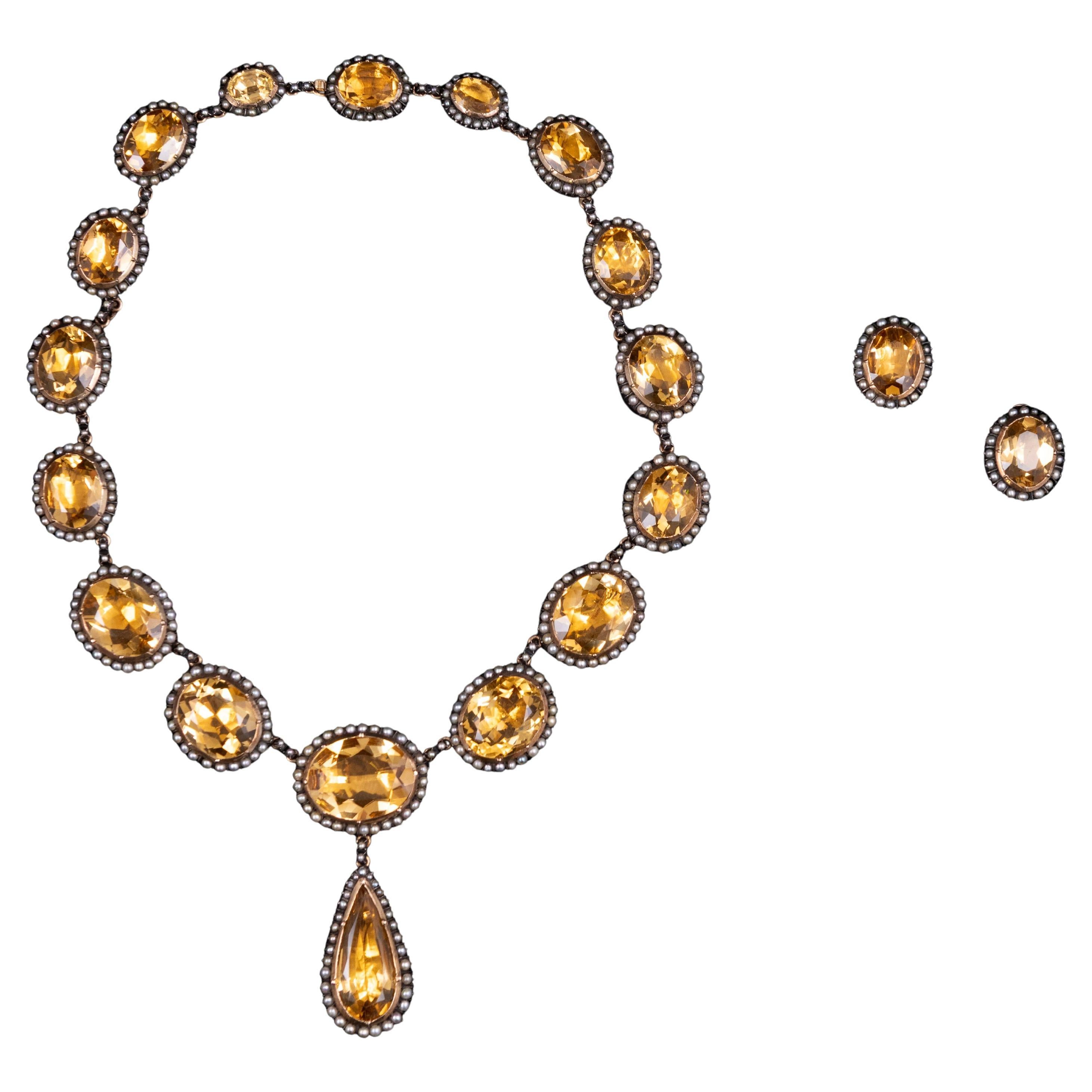 Mid-Century Pearl Citrine Quartz Earrings Necklace Demi-Parure Set Portuguese For Sale