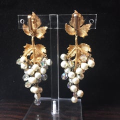 Mid-Century Pearl & Crystal Grape Motif Dangling Earrings, 1950s