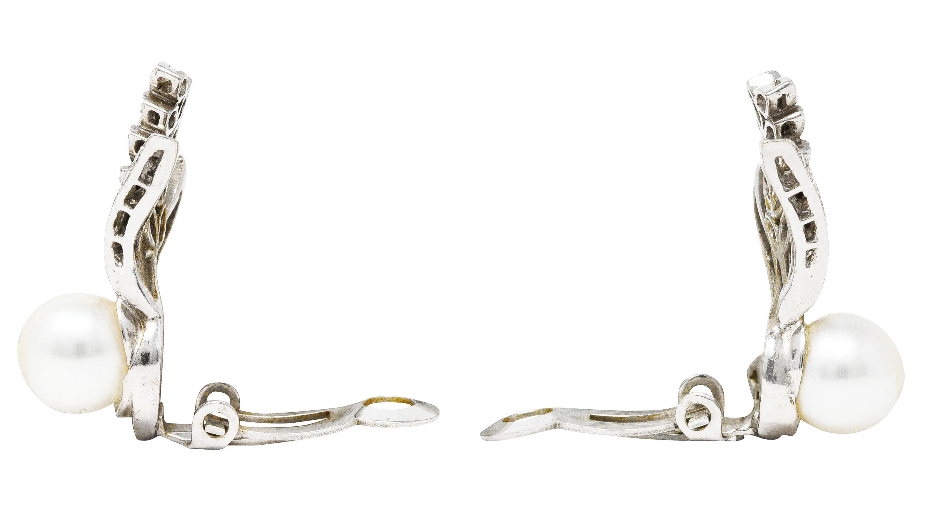 Mid-Century Pearl Diamond 14 Karat White Gold Foliate Ear-Clip Earrings In Excellent Condition In Philadelphia, PA