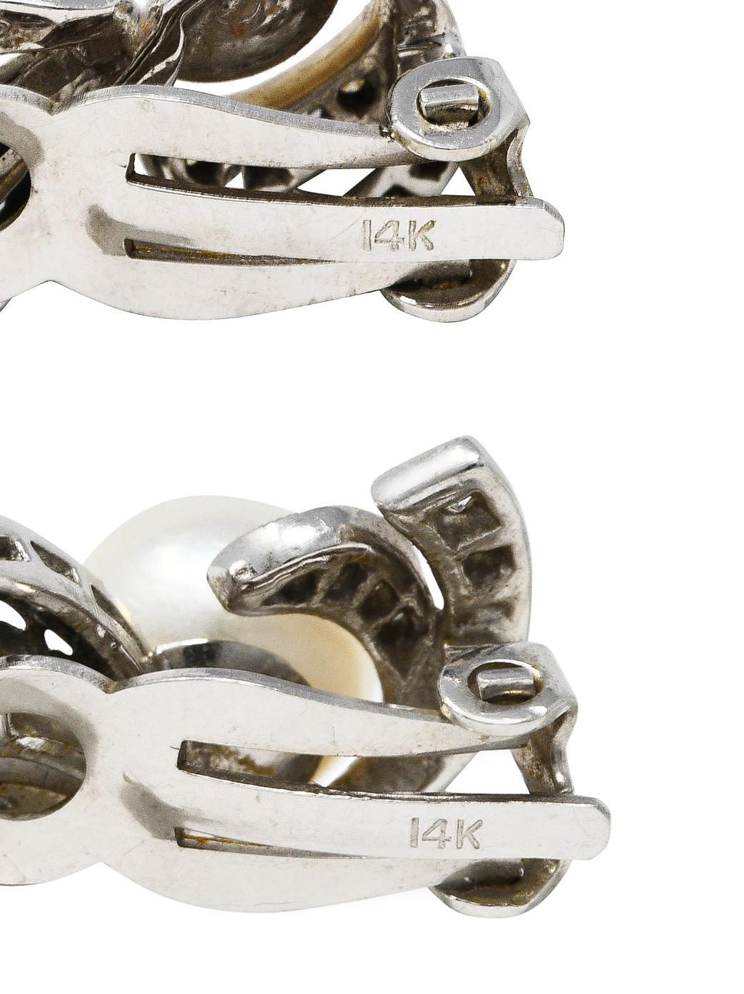 Women's or Men's Mid-Century Pearl Diamond 14 Karat White Gold Foliate Ear-Clip Earrings