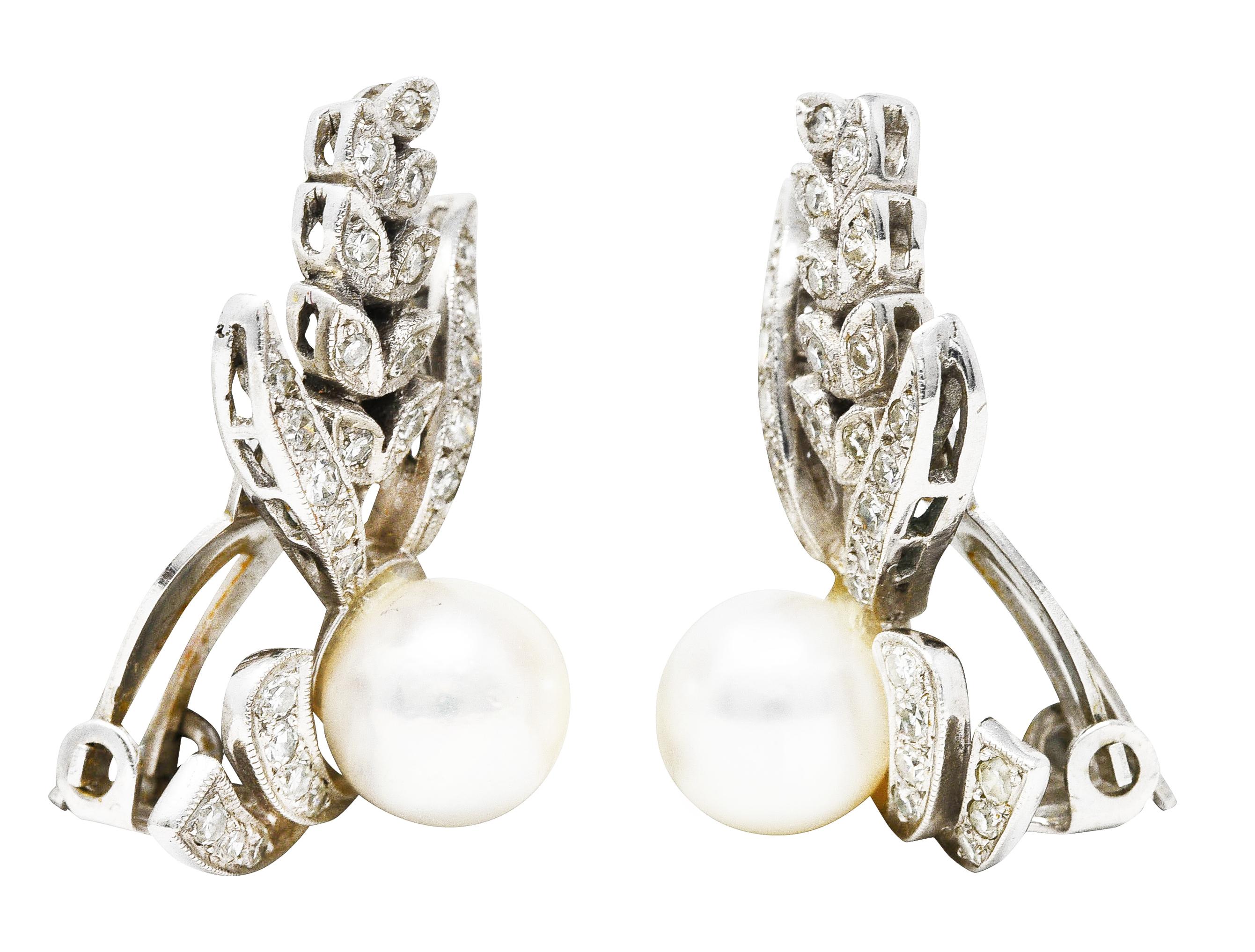 Mid-Century Pearl Diamond 14 Karat White Gold Foliate Ear-Clip Earrings 1