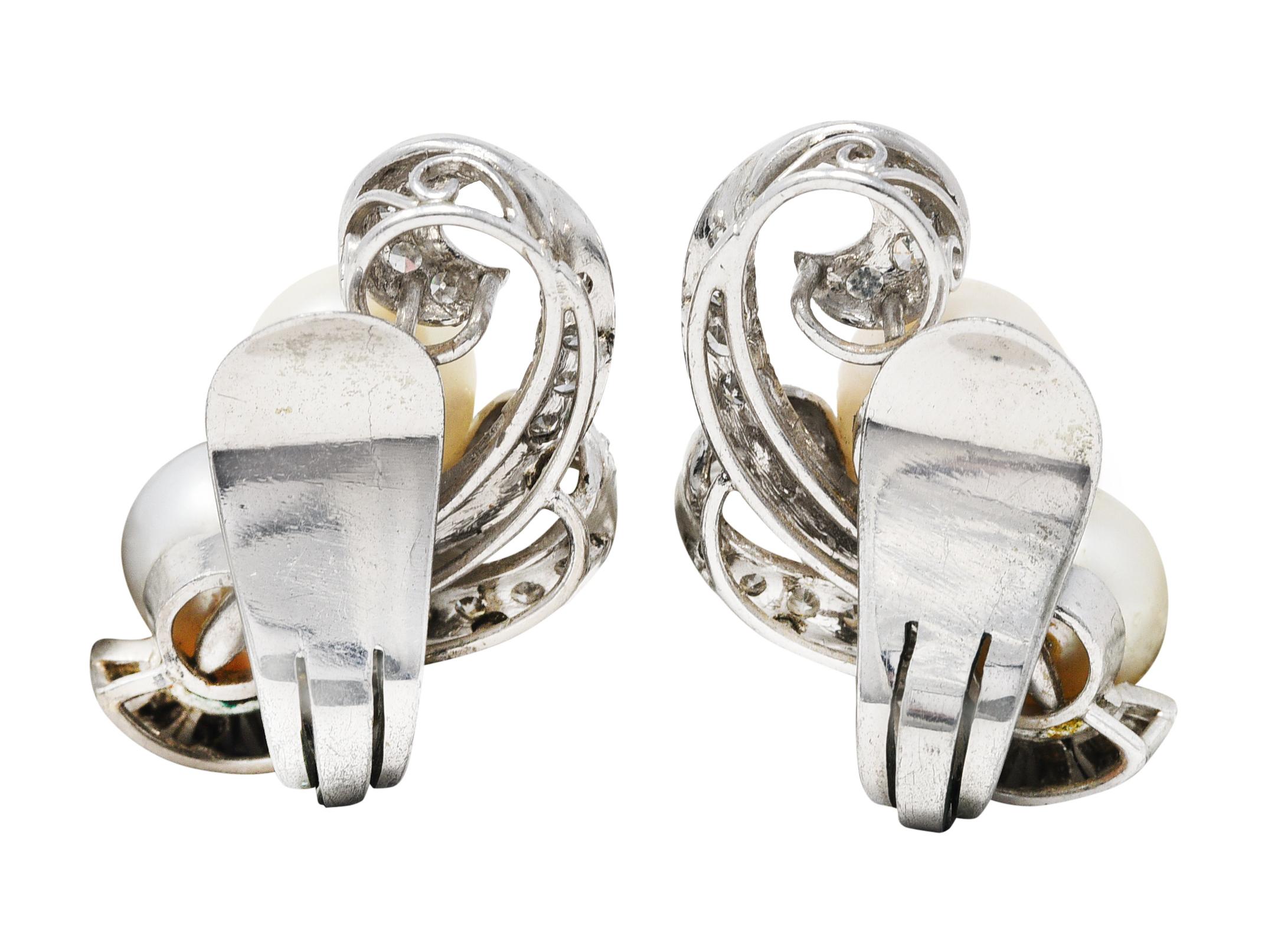 Single Cut Mid-Century Pearl Diamond 14 Karat White Gold Scrolling Ear-Clip Earrings
