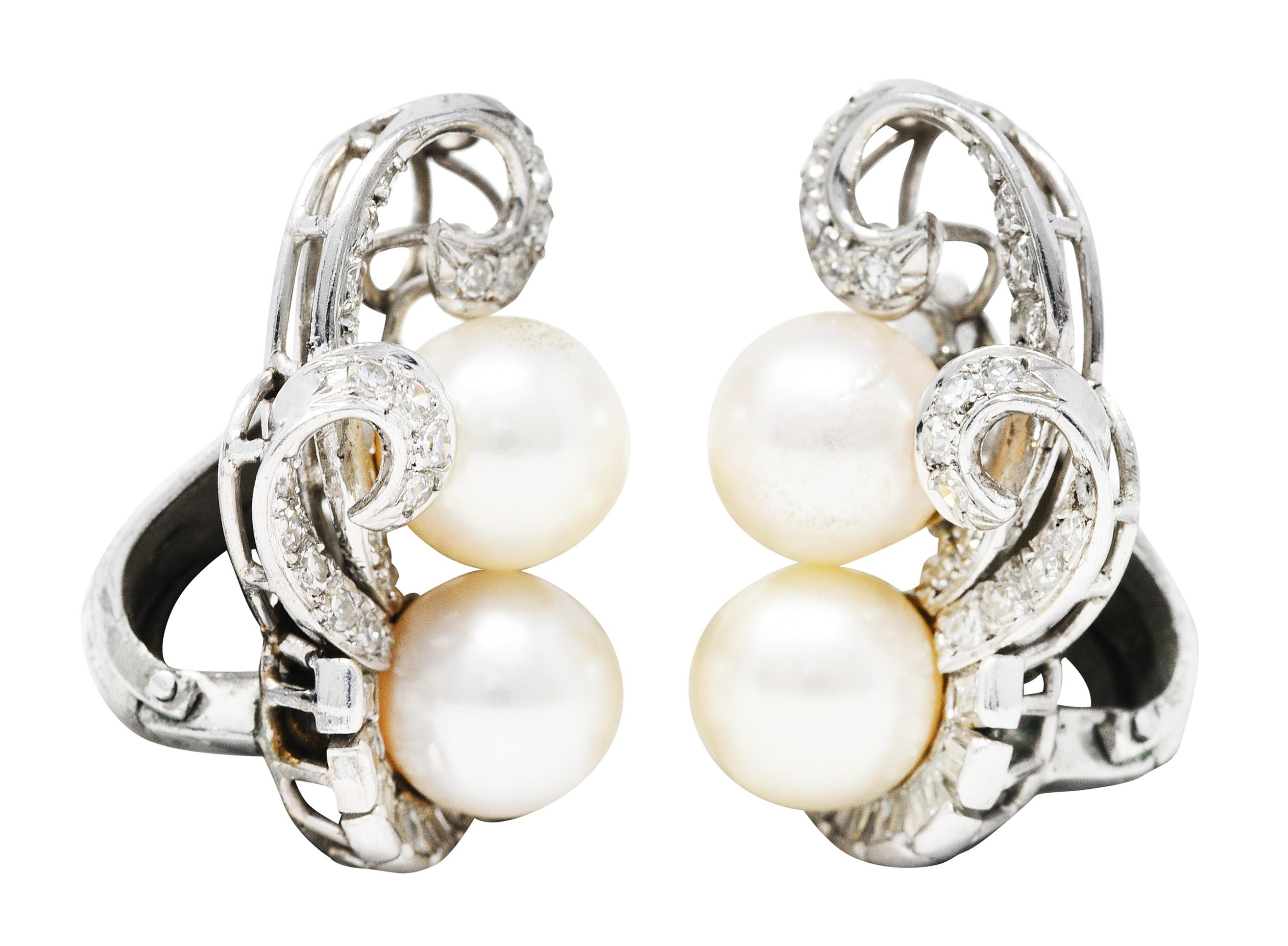 Women's or Men's Mid-Century Pearl Diamond 14 Karat White Gold Scrolling Ear-Clip Earrings