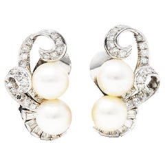 Mid-Century Pearl Diamond 14 Karat White Gold Scrolling Ear-Clip Earrings