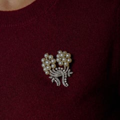 Mid Century pearl diamond 14k white gold brooch