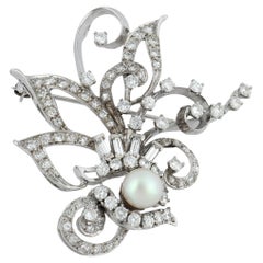 Mid-Century pearl diamond 14k white gold brooch