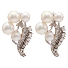 Mid-Century Pearl Diamond 14k White Gold Clip On Earrings