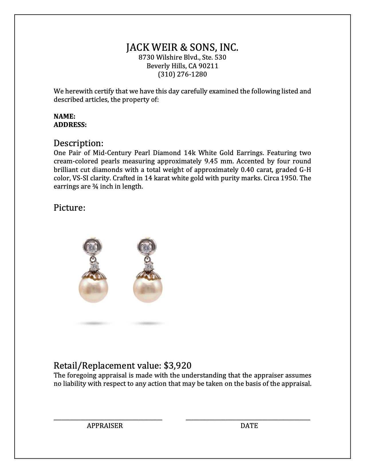 Women's or Men's Mid-Century Pearl Diamond 14k White Gold Earrings For Sale