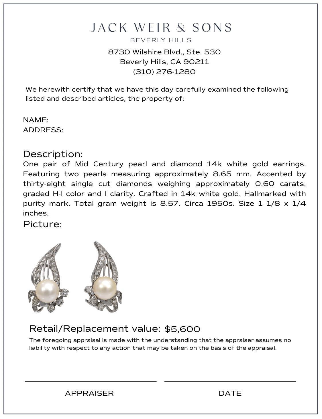 Mid Century pearl diamond 14k white gold earrings im Angebot 1