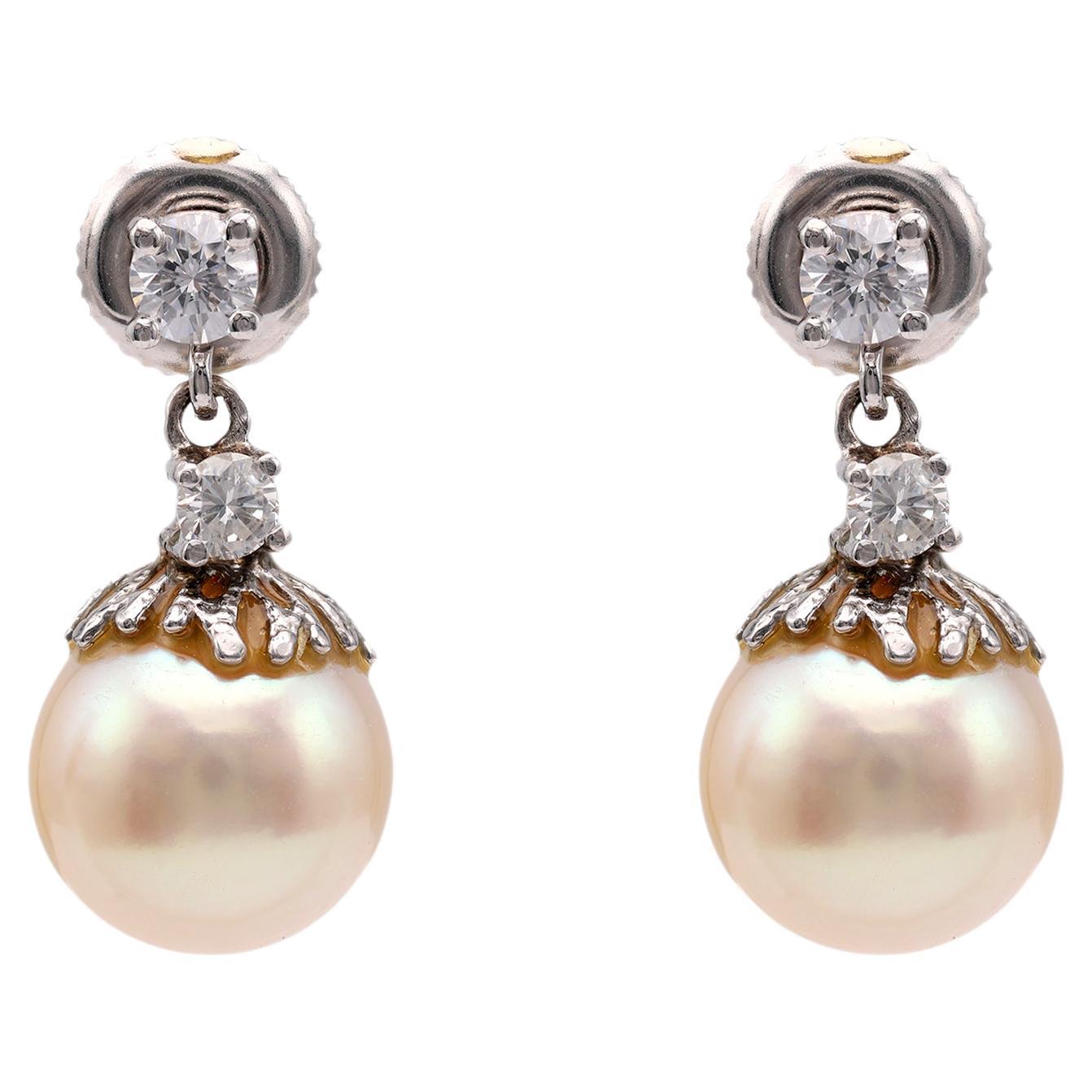 Mid-Century Pearl Diamond 14k White Gold Earrings