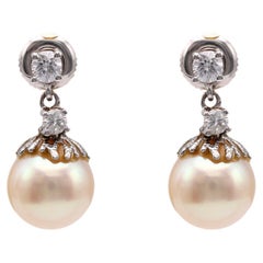 Retro Mid-Century Pearl Diamond 14k White Gold Earrings