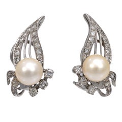 Mid Century pearl diamond 14k white gold earrings